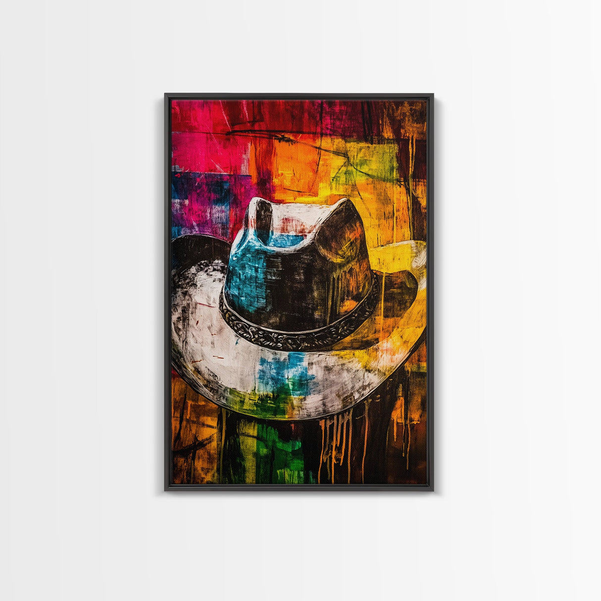 Western Cowboy Hat, rustic decor, graffiti wall art, vibrant color art, framed canvas print, southwest wall art, moody art
