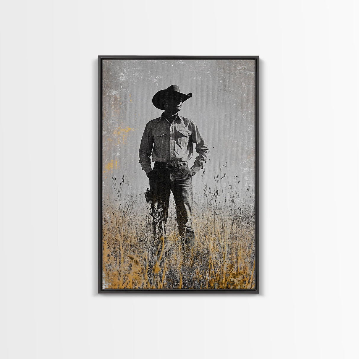 Lone Cowboy, Rustic Art, Western Wall Art, Wabi Sabi Art, Vintage Horse Art, Moody Art, Canvas Print, Framed Cowboy Painting