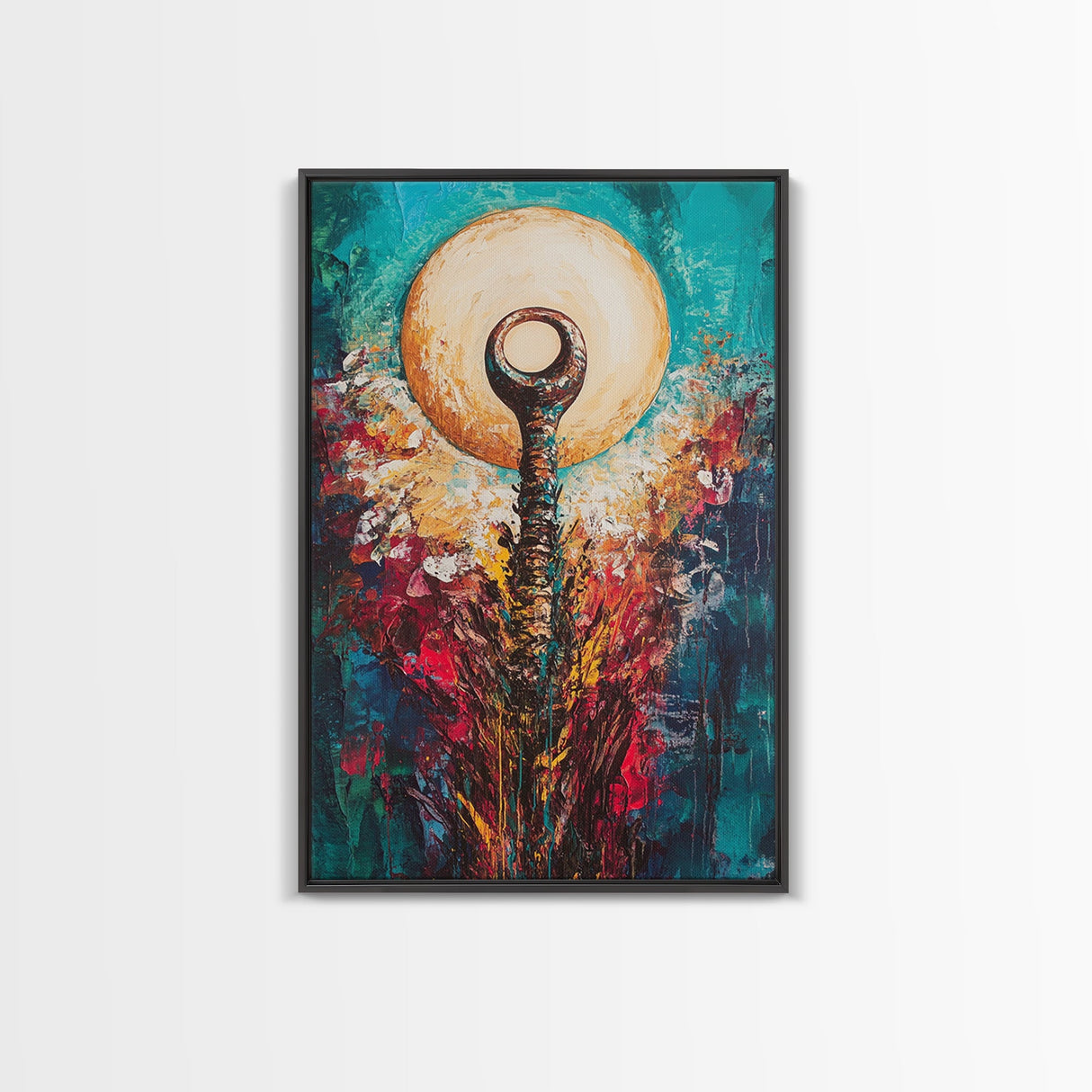 Sacred Symbol Artwork, sacred geometry wall art, abstract energy art, teal wall art, mystical artwork, framed canvas print, boho art, moody art