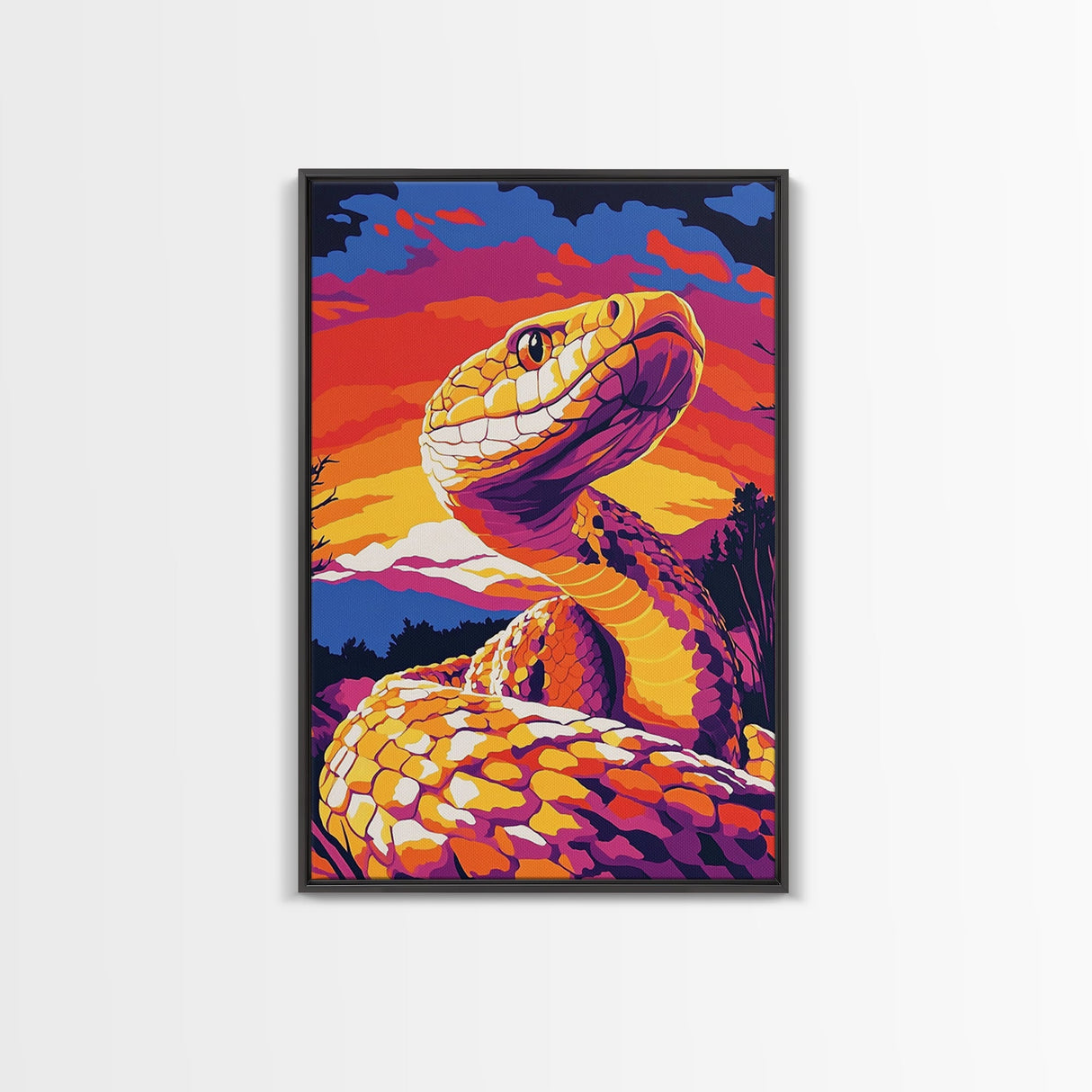 Rattlesnake Sunset, Bold Snake Art, Vibrant Southwest Decor, Wildlife Art, Nature Painting, Canvas Print, Living Room Art