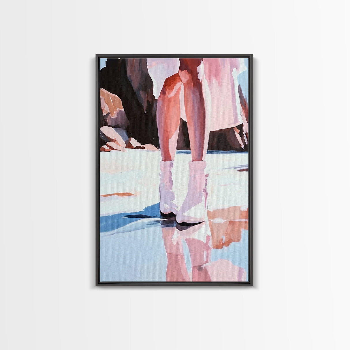 Woman at Beach, Coastal Art, Light Pink Wall Art, Boho Art, Minimalist Painting, Nautical Decor, Framed Canvas Print, Gift Idea