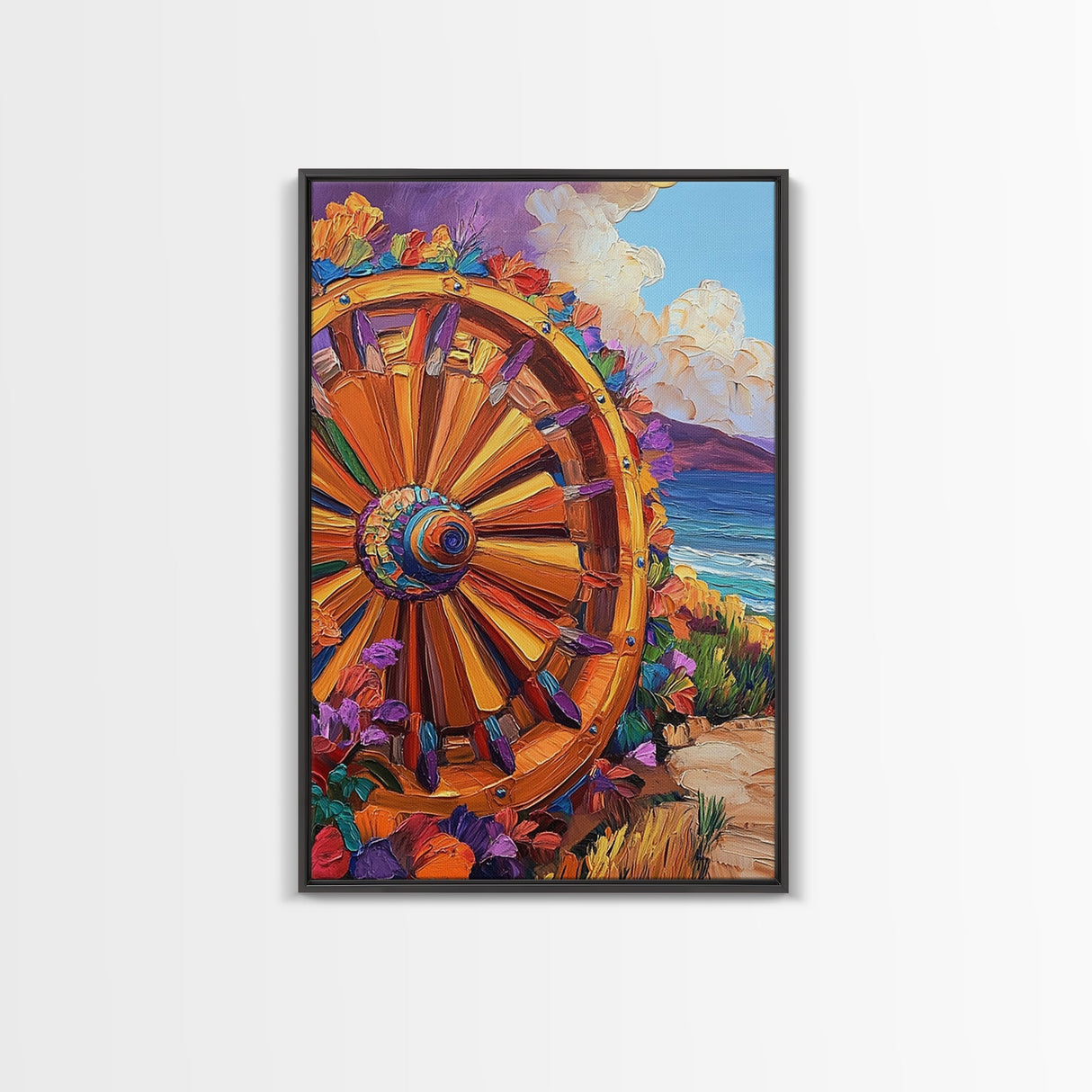 Wagon Wheel Art, Wildflower Painting, Rustic Wall Art, Framed Canvas Print, Boho Aesthetic, Southwest Decor, Farmhouse Art, Gift Idea