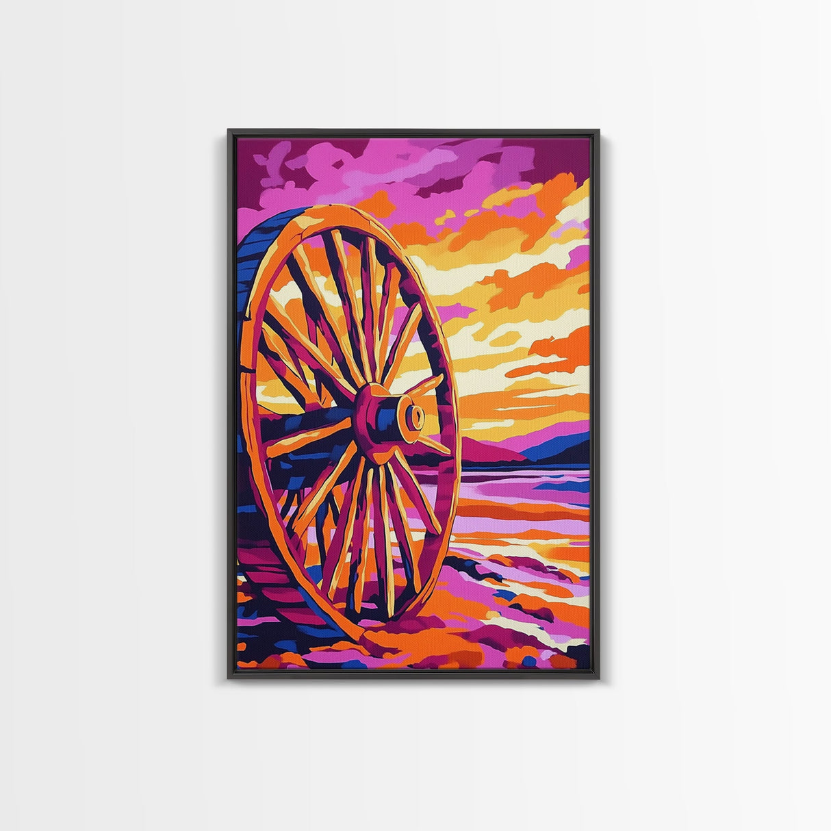 Sunset Wagon Wheel, Bold Color Painting, Southwest Wall Art, Framed Canvas Print, Rustic Decor, Western Aesthetic, Extra Wide Art, Gift Idea