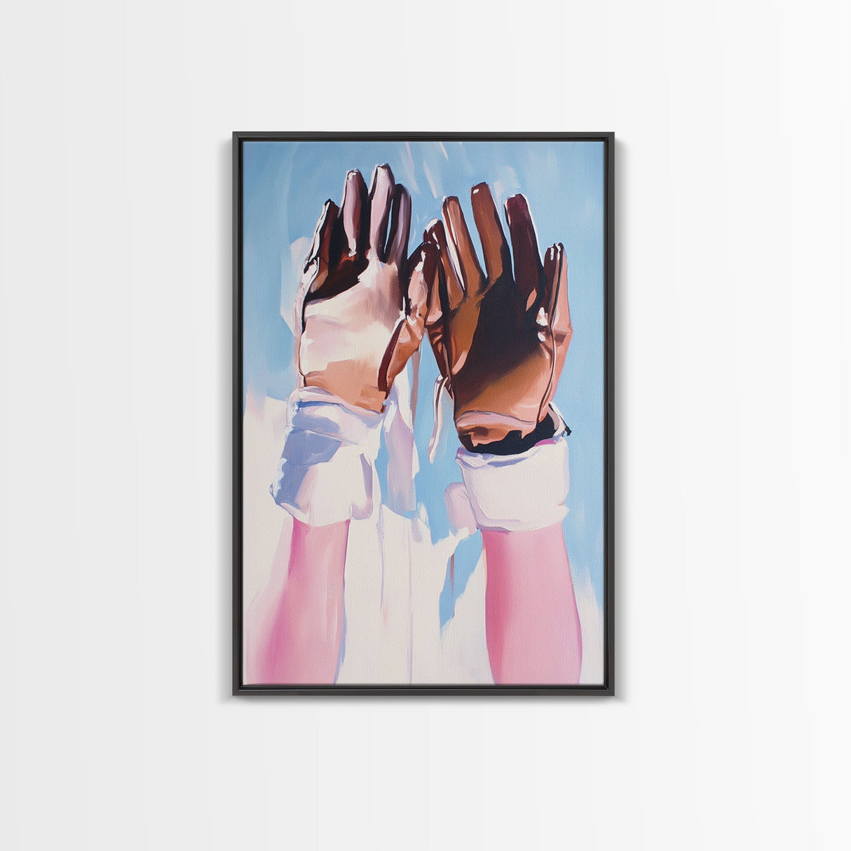 Leather Gloves Up, rustic wall art, cowboy art, boho art, wabi sabi art, warm neutral painting, above sofa art, Framed Canvas Print