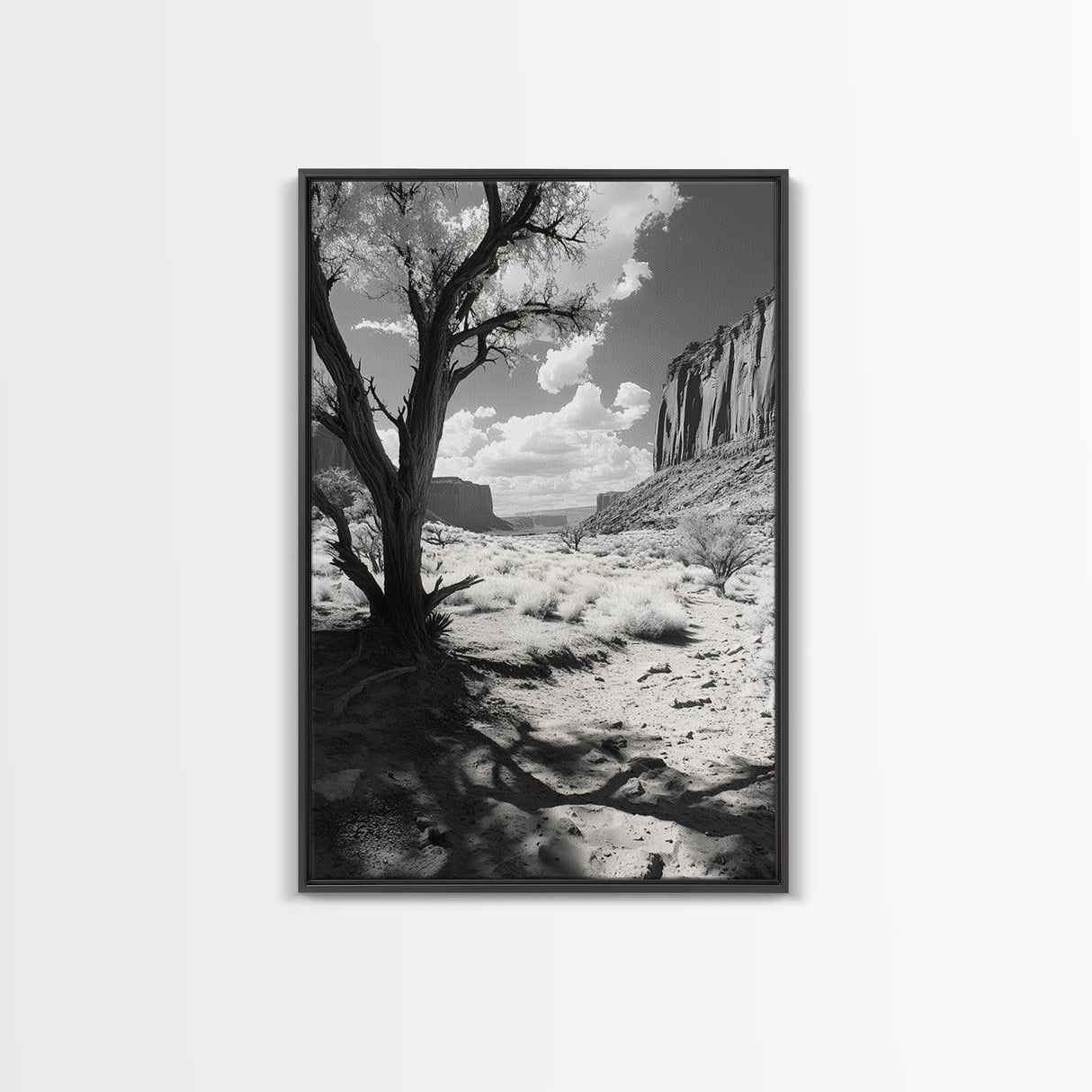 Desert landscape, Joshua tree art, western wall art, framed canvas print, southwest decor, black and white nature, rustic desert scene