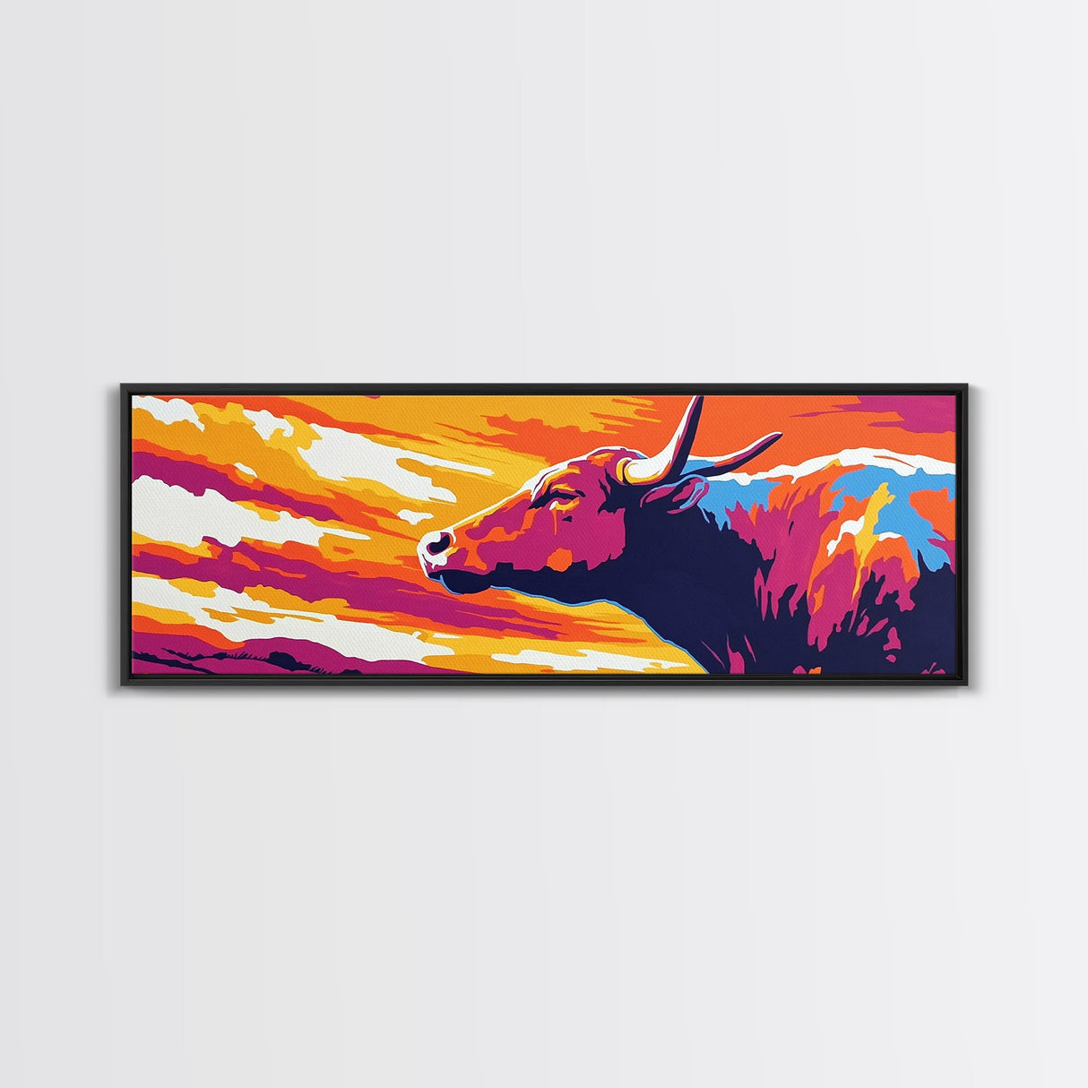 Sunset Bull, bull art, southwest wall art, pink orange wall art, extra wide art, rustic decor, Canvas Print