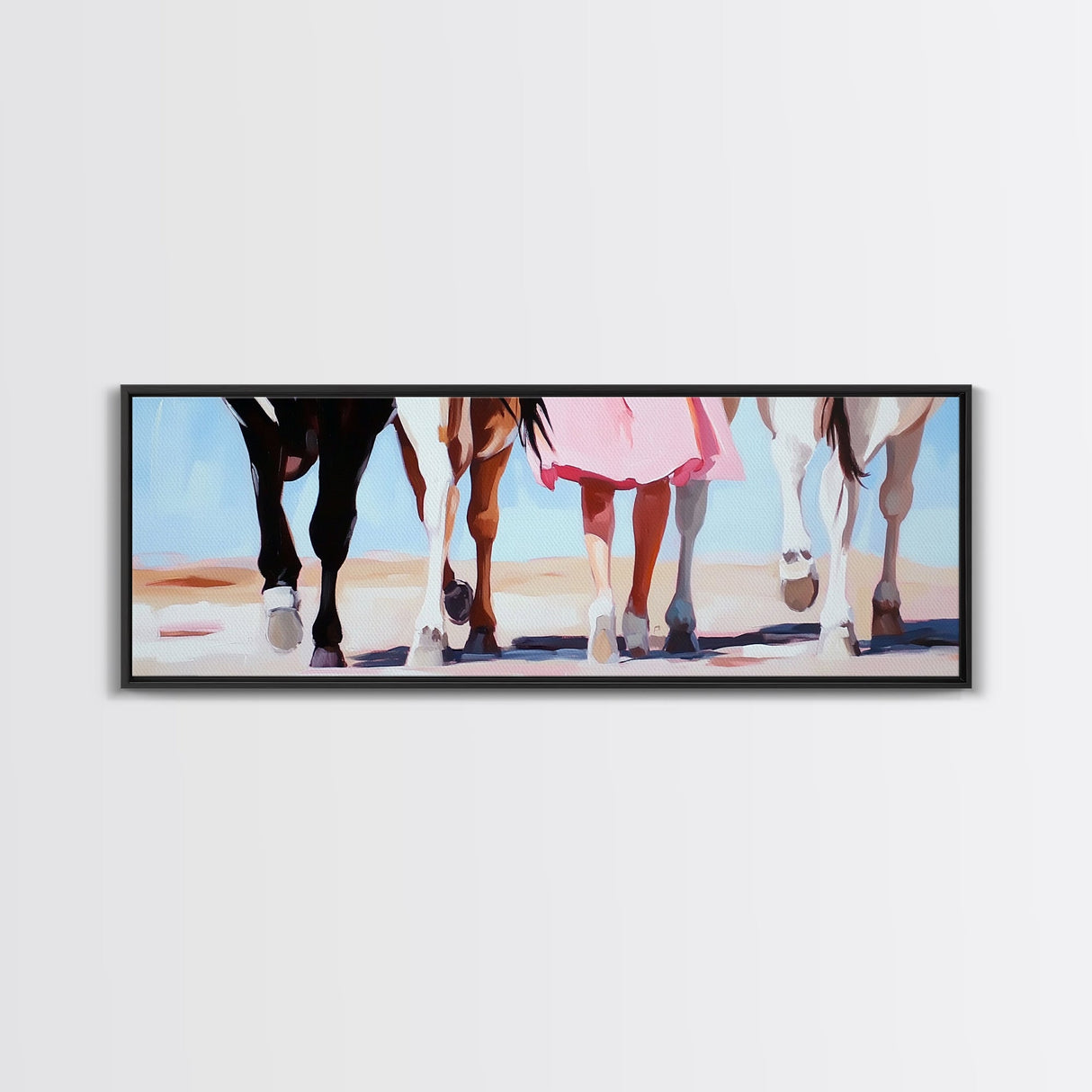 Horse Walk, western art, cowboy painting, rustic decor, extra wide art, panoramic art, framed canvas print, long narrow wall art