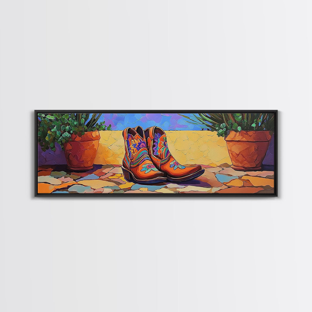 Floral Cowboy Boots, boho art, chicano art, whimsical art, southwest wall art, western decor, pink orange wall art, Framed Canvas Print