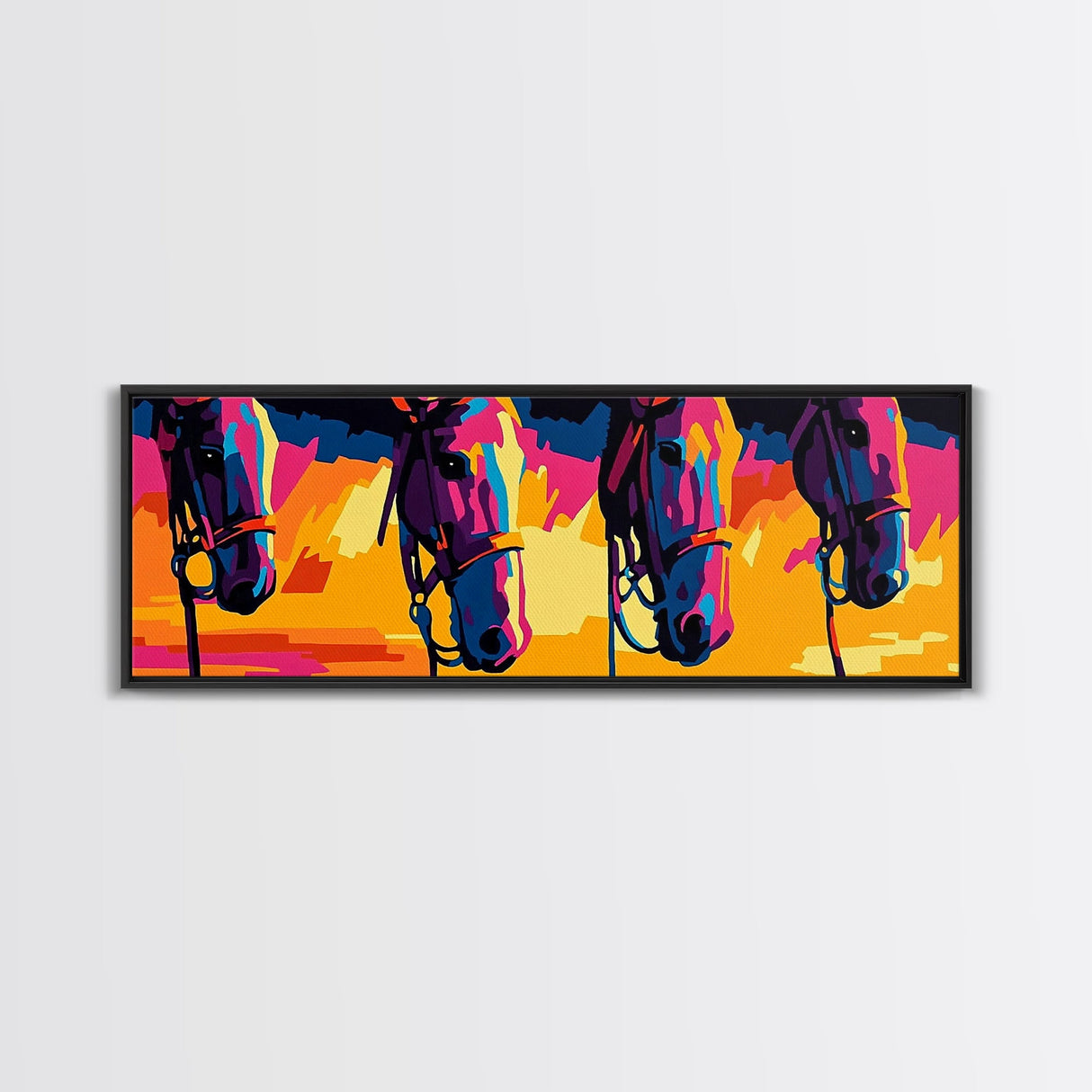 Colorful Horses, horse wall art, pink orange wall art, extra wide art, southwestern art, blotter art, Canvas Print, geometric wall art