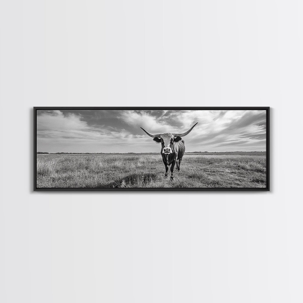 Texas Longhorn, Rustic Wall Art, Canvas Print, Farmhouse Art, Western Decor, Above Bed Art, Extra Wide Art, Moody Black And White Art