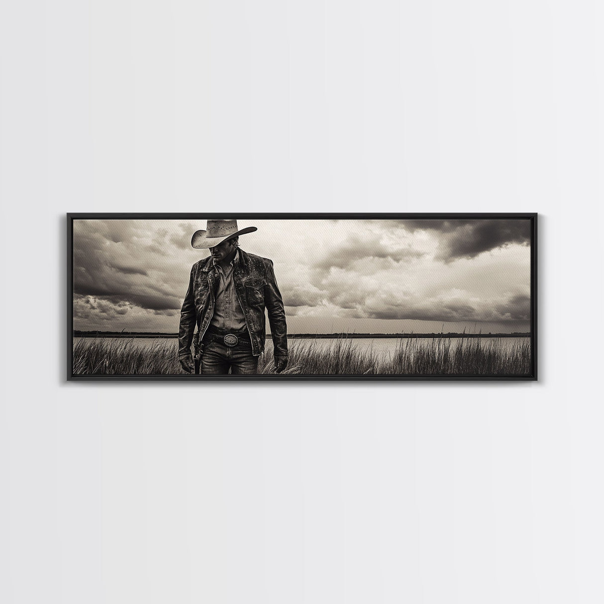Cowboy Portrait, rustic wall art, moody art, black cowgirl painting, wabi sabi art, western decor, framed canvas print, extra wide art
