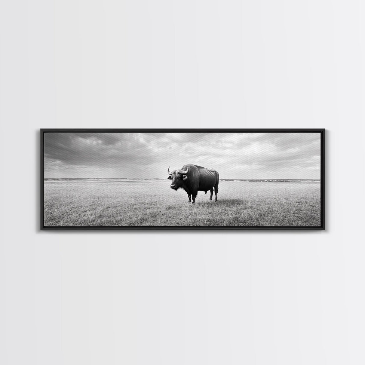Lone buffalo, western landscape, rustic wall art, panoramic art, extra wide art, farmhouse decor, framed canvas print, wildlife painting, bull and bear art
