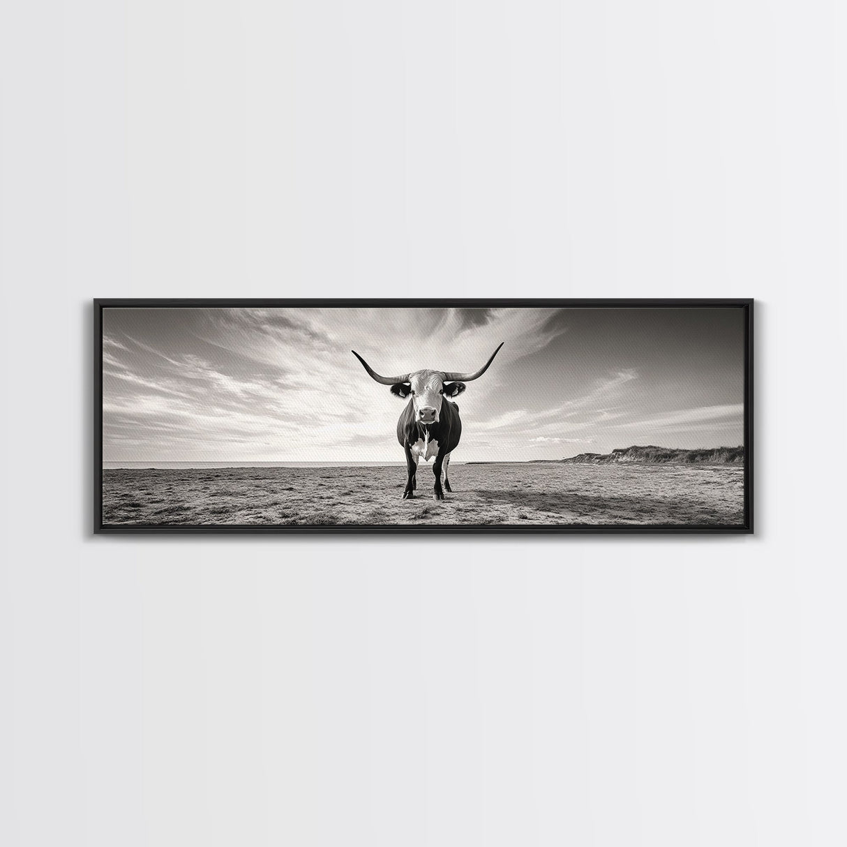 Longhorn, western landscape, bull and bear art, panoramic art, extra wide art, rustic wall art, framed canvas print, farmhouse decor, moody art