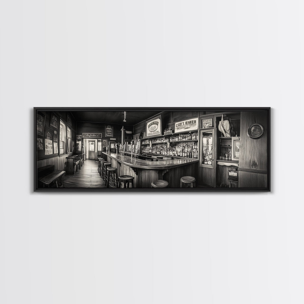 Western Saloon, rustic wall art, extra wide art, panoramic art, farmhouse art, bar decor, moody art, framed canvas print, above sofa art