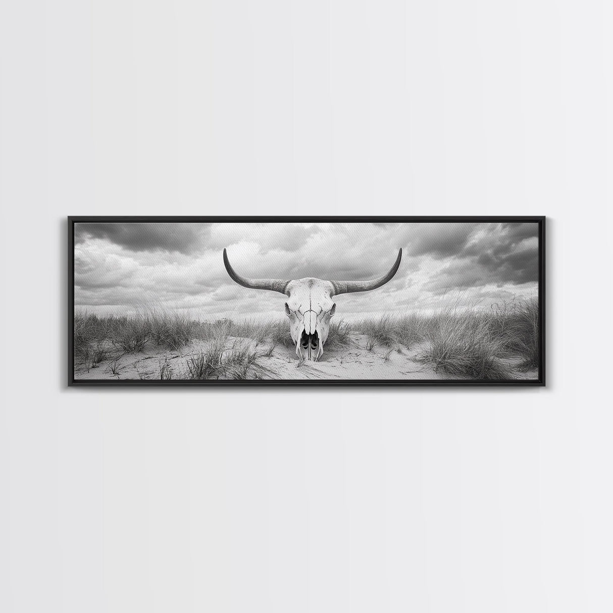 Longhorn Skull, skull art, western wall art, rustic decor, moody art, desert painting, farmhouse art, panoramic art, framed canvas print