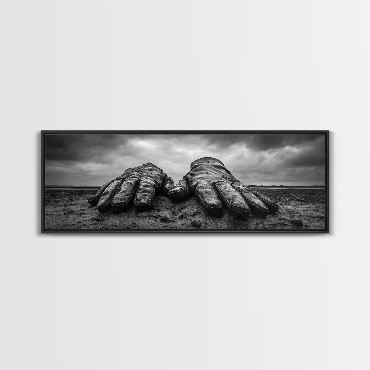 Leather Work Gloves, rustic wall art, moody art, wabi sabi art, extra wide art, panoramic art, farmhouse art, framed canvas print, cowboy art