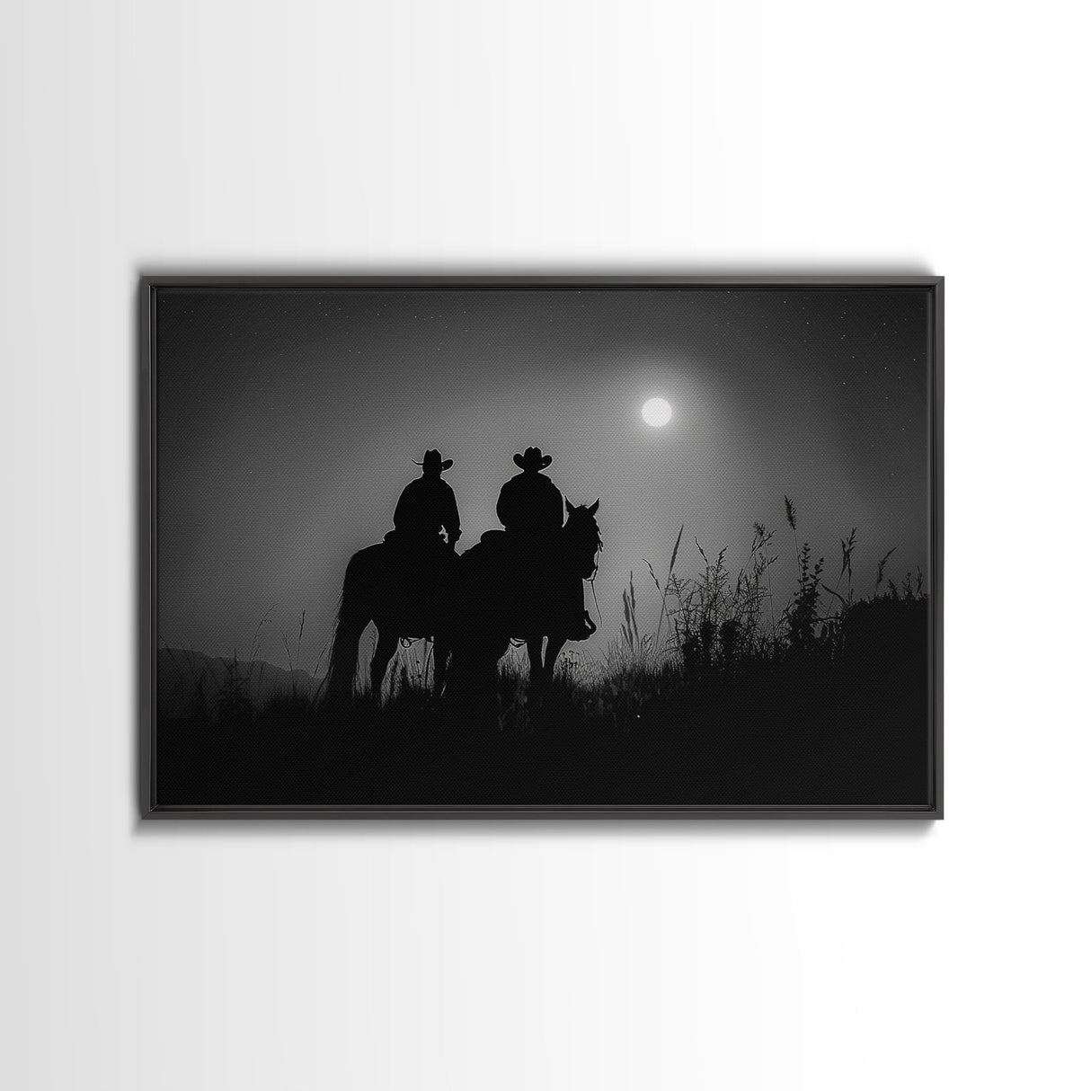 Cowboys Under A Full Moon, Framed Canvas Print, Black and White Western Photography, Wild West Art, Western Decor, Farmhouse Country Art