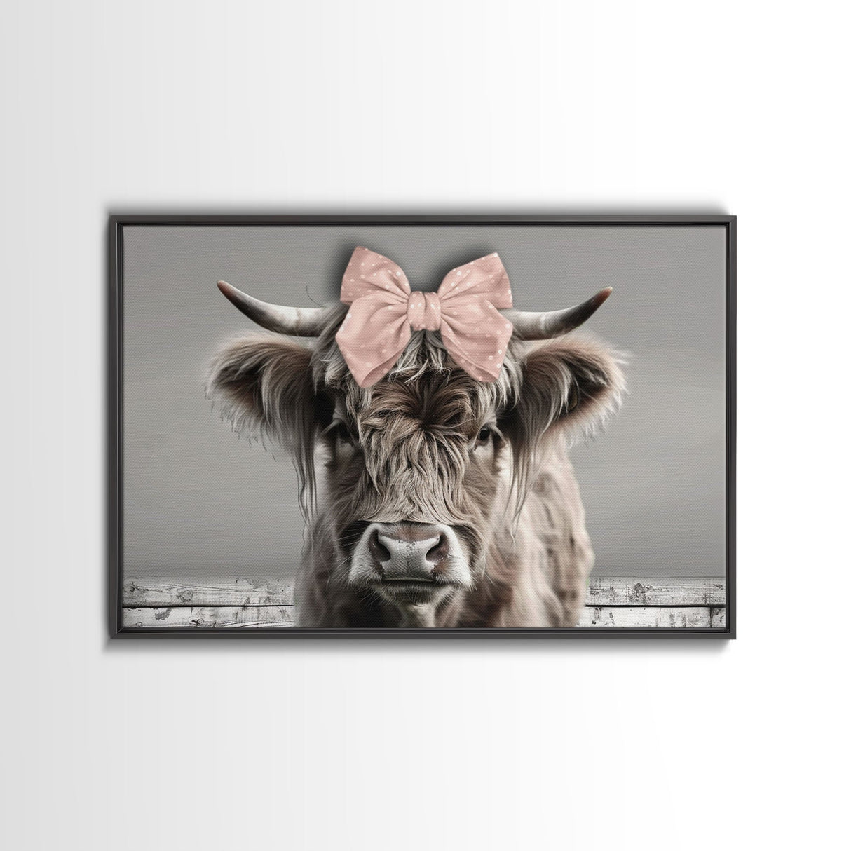 Framed Canvas Print, Cute Highland Cow Wearing A Pink Bowtie, Framed Wall Decor, Rustic Minimalist Farmhouse Decor, Western Art
