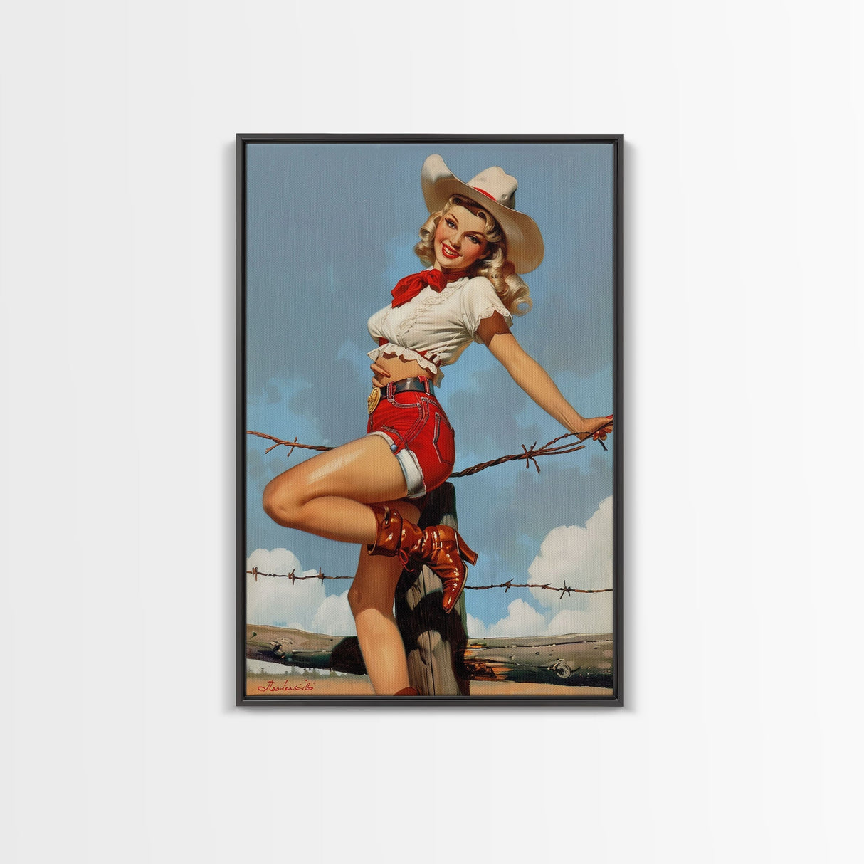 Vintage Cowgirl Pin-Up Art Print, Retro Western Framed Canvas, Classic Pin-Up Girl in Cowboy Hat and Boots, Unique Wall Decor