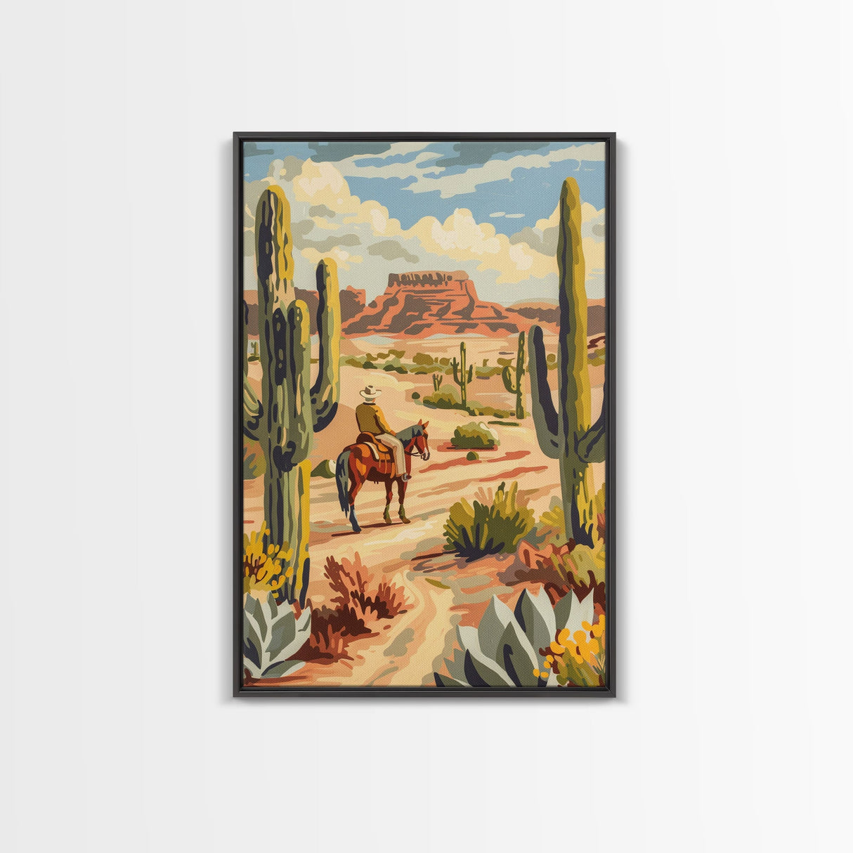 Cowboy Riding in Desert Landscape with Cacti - Framed Canvas Print, Western Art, Southwestern Decor, Desert Scene Wall Art for Home
