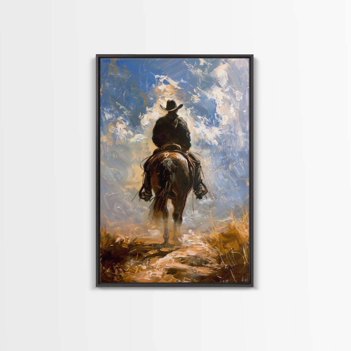 Cowboy Silhouette Riding Through the Plains - Framed Canvas Print, Western Art, Rustic Decor, Living Room Wall Art, Cowboy Themed Art