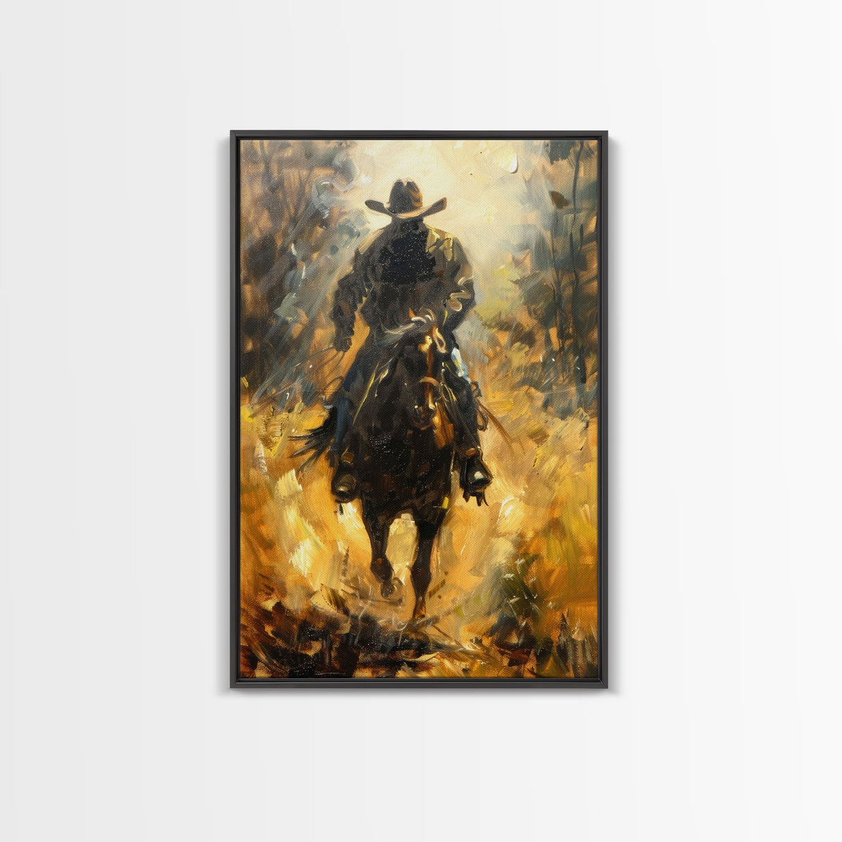 Cowboy Riding Horse into the Distance - Framed Canvas Print, Western Art, Rustic Decor, Living Room Wall Art, Cowboy Themed Art