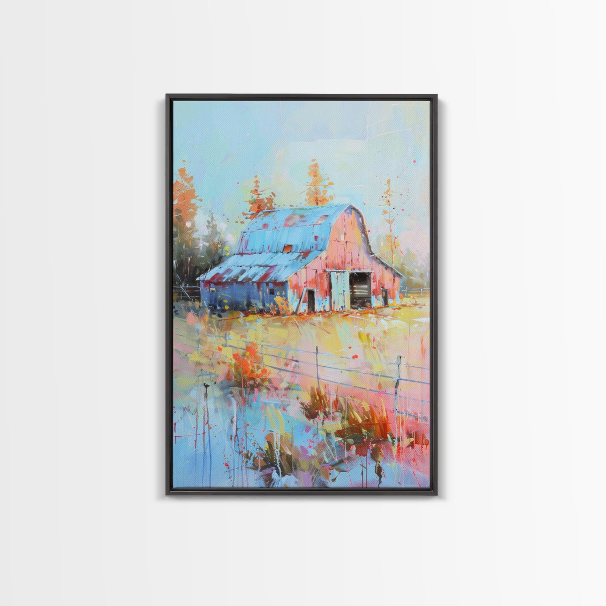 Serene Barn Scene in Soft Pastel Hues - Framed Canvas Print, Rustic Decor, Countryside Art for Bedroom, Farmhouse Wall Art for Living Room