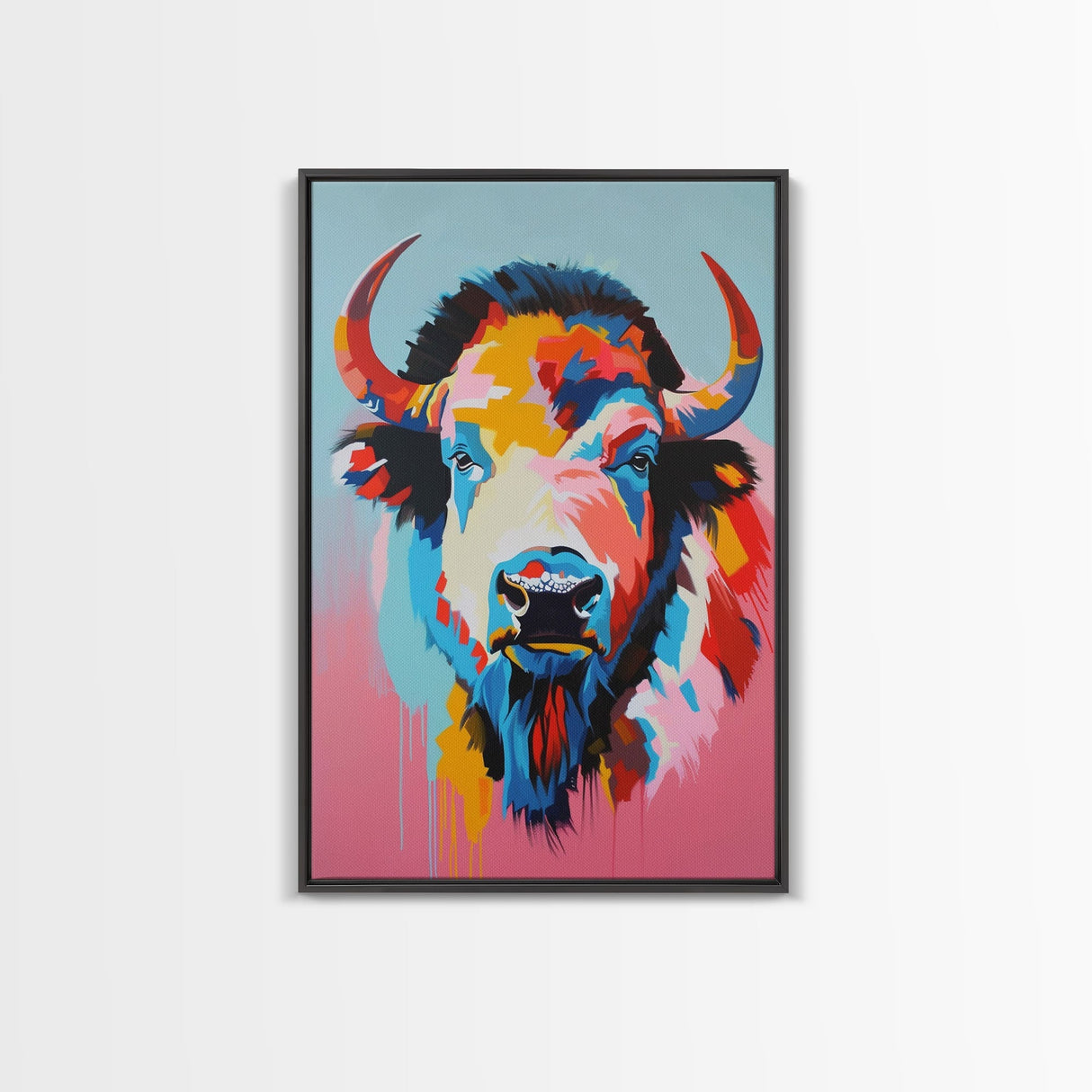 Colorful Bison Head in Pop Art Style - Framed Canvas Print, Animal Decor, Bison Art for Bedroom, Vibrant Wall Art for Living Room