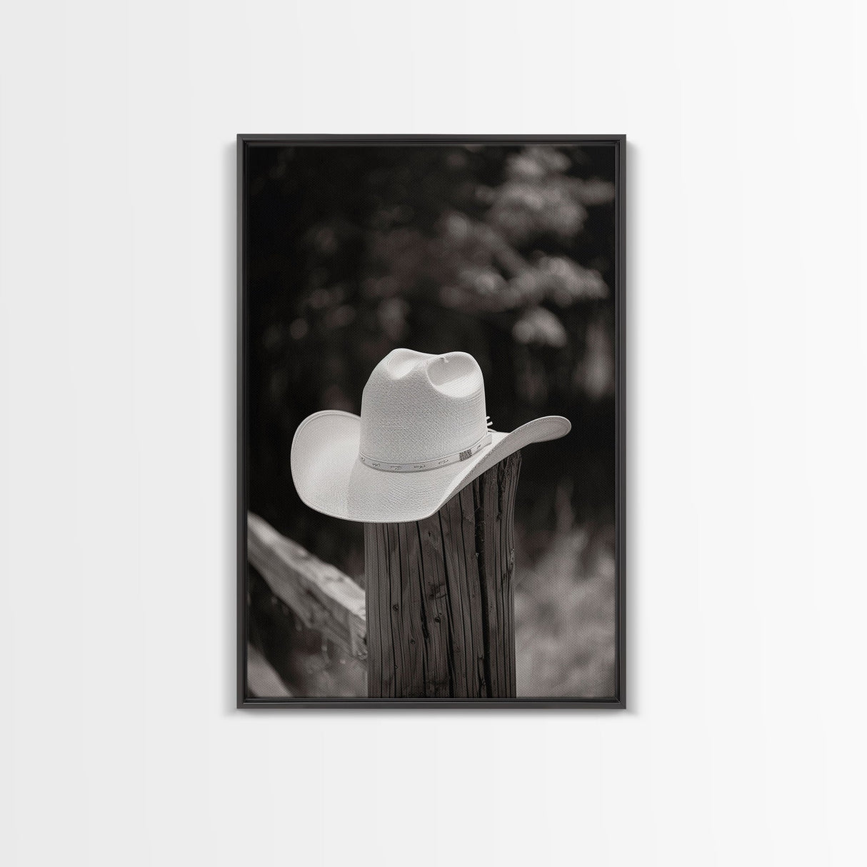 Cowboy Hat on a Wooden Fence Post in Rustic Black and White Photography for Western Home Decor, Canvas Prints, Wall Art for Living Room
