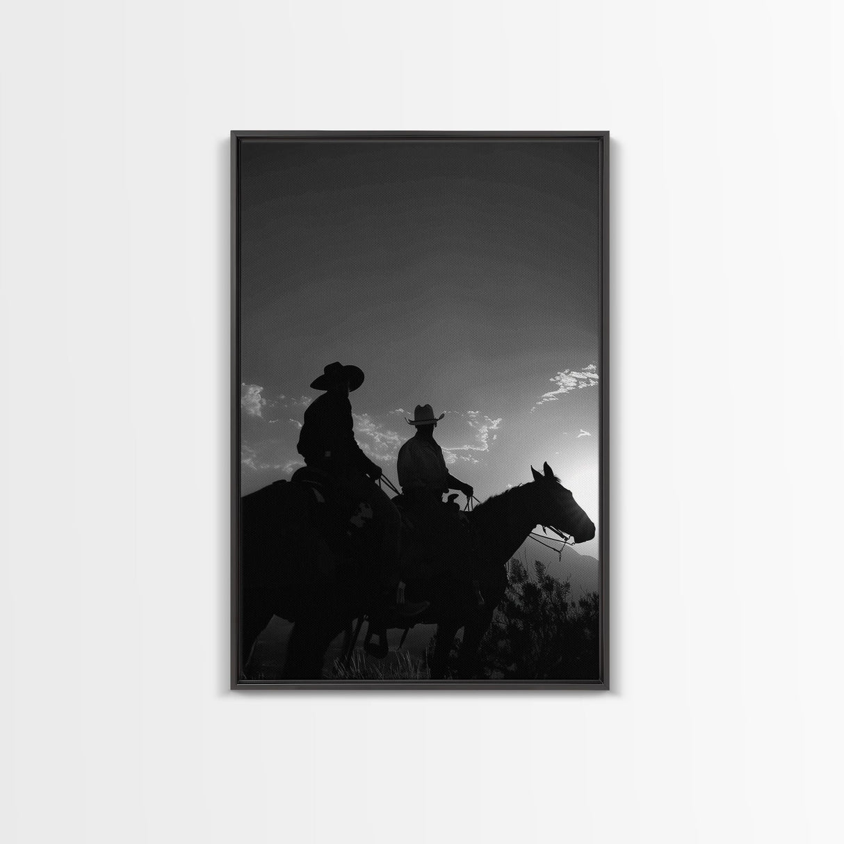 Two Cowboys Riding at Sunset in a Serene Black and White Western Landscape for Wall Art, Canvas Prints, Home Decor, Living Room Art