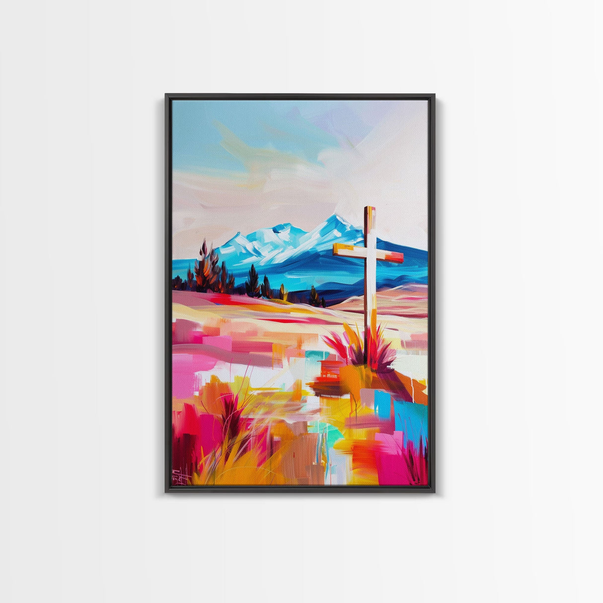 Cross with Mountain Backdrop - Framed Canvas Print, Scenic Western Art, Inspirational Wall Art for Bedroom Decor