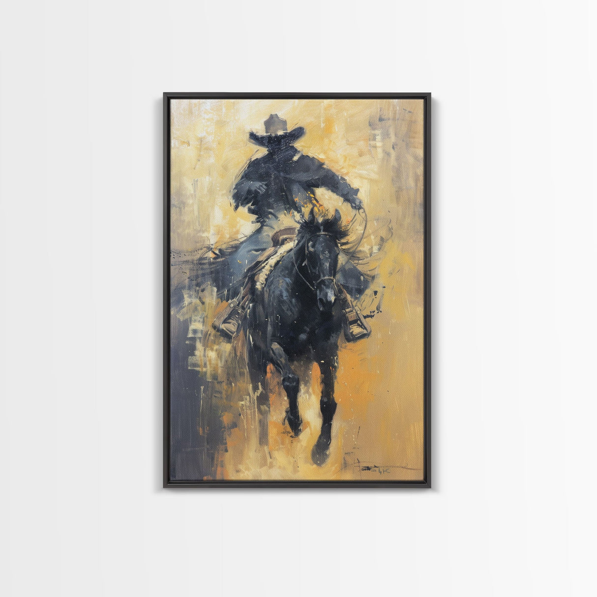 Dynamic Cowboy on Horseback Framed Canvas Print - Energetic Western Decor, Action Wall Art for Living Room, Bedroom