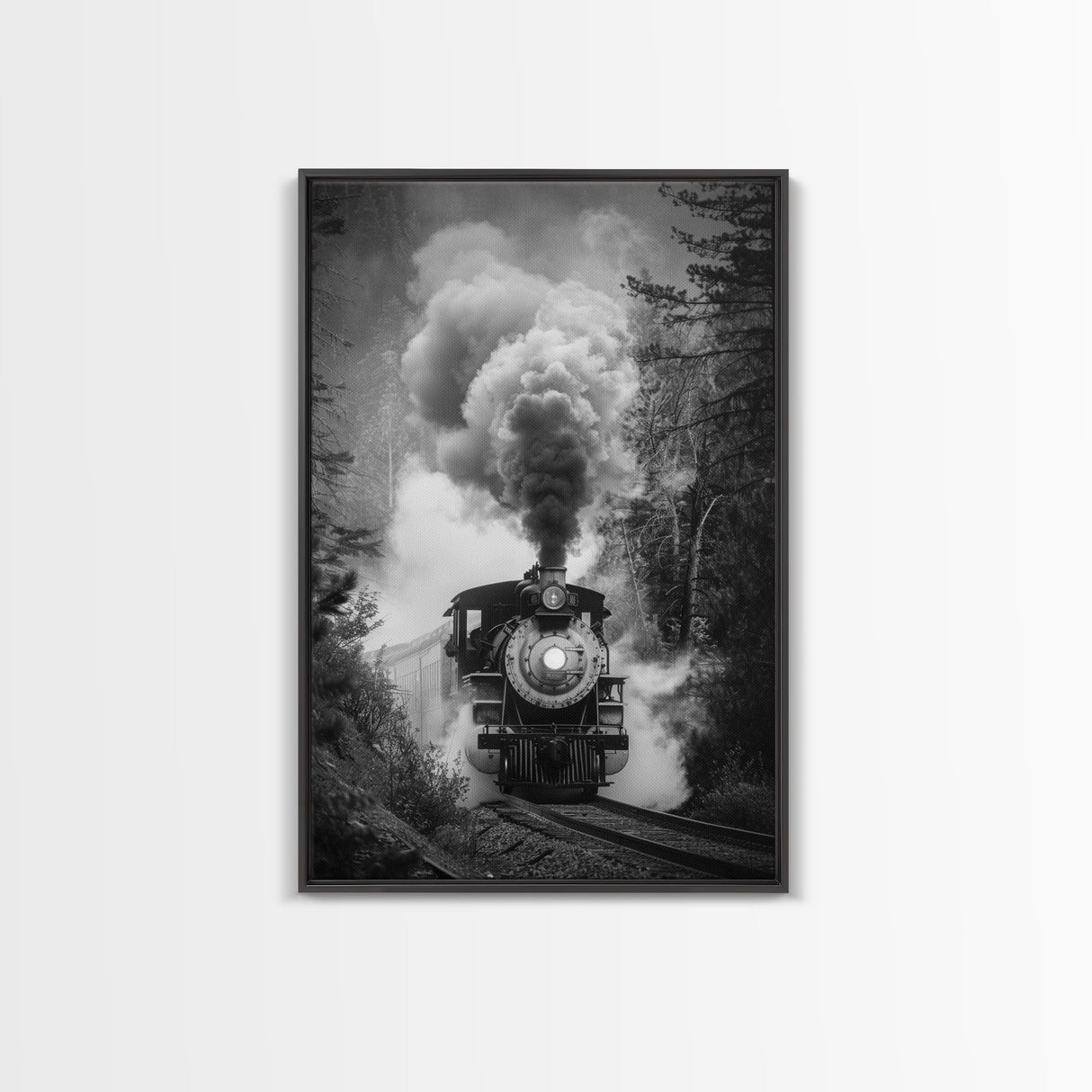 Steam Locomotive in the Forest Black and White Photography - Framed Canvas Print, Railroad Art, Vintage Train Wall Art for Home