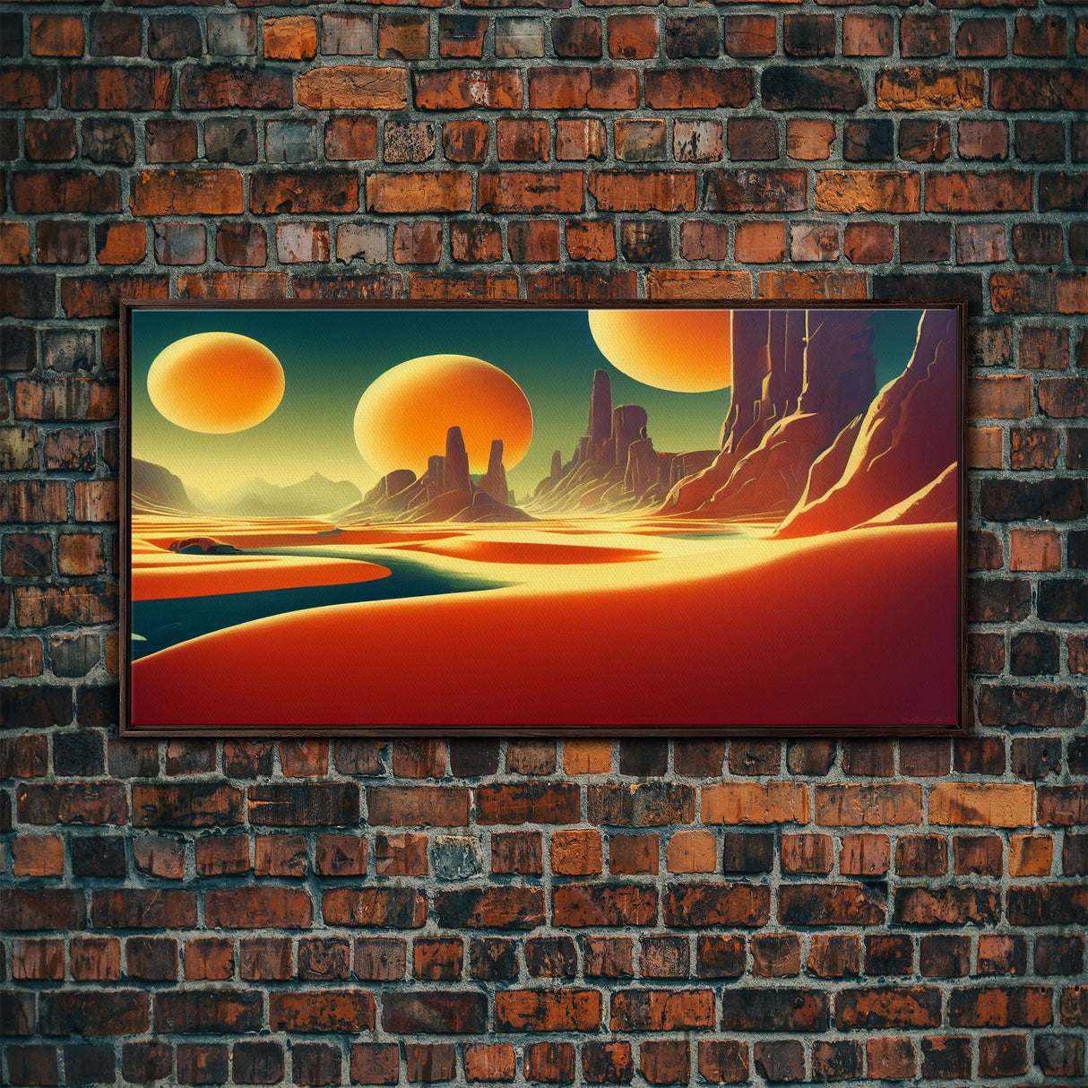 Trippy Art Deco Scifi Painting of an Alien World, Wall Decor, Ready To Hang Framed Canvas Print, Oversize Wall Art