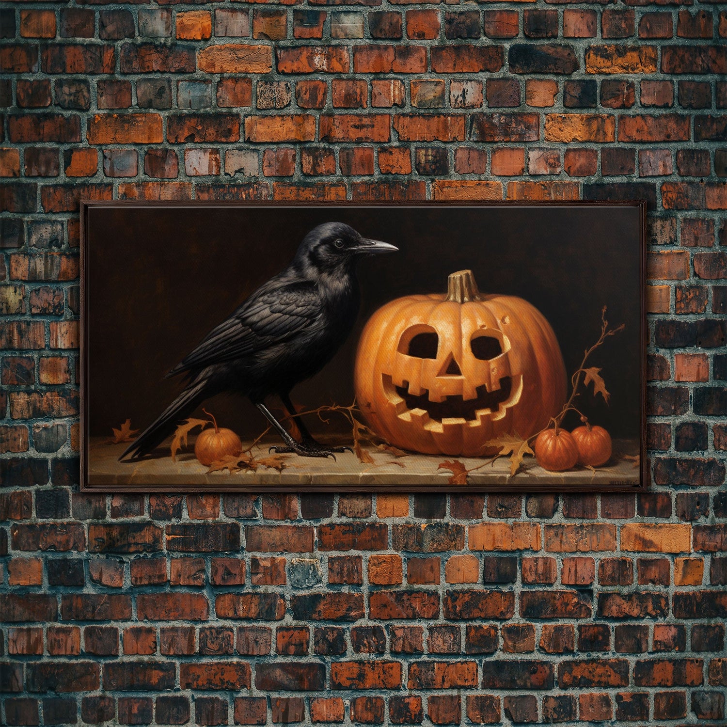 Spooky Crow Print, The Raven and The Jack O Lantern, Halloween Wall Art, Victorian Oil Painting