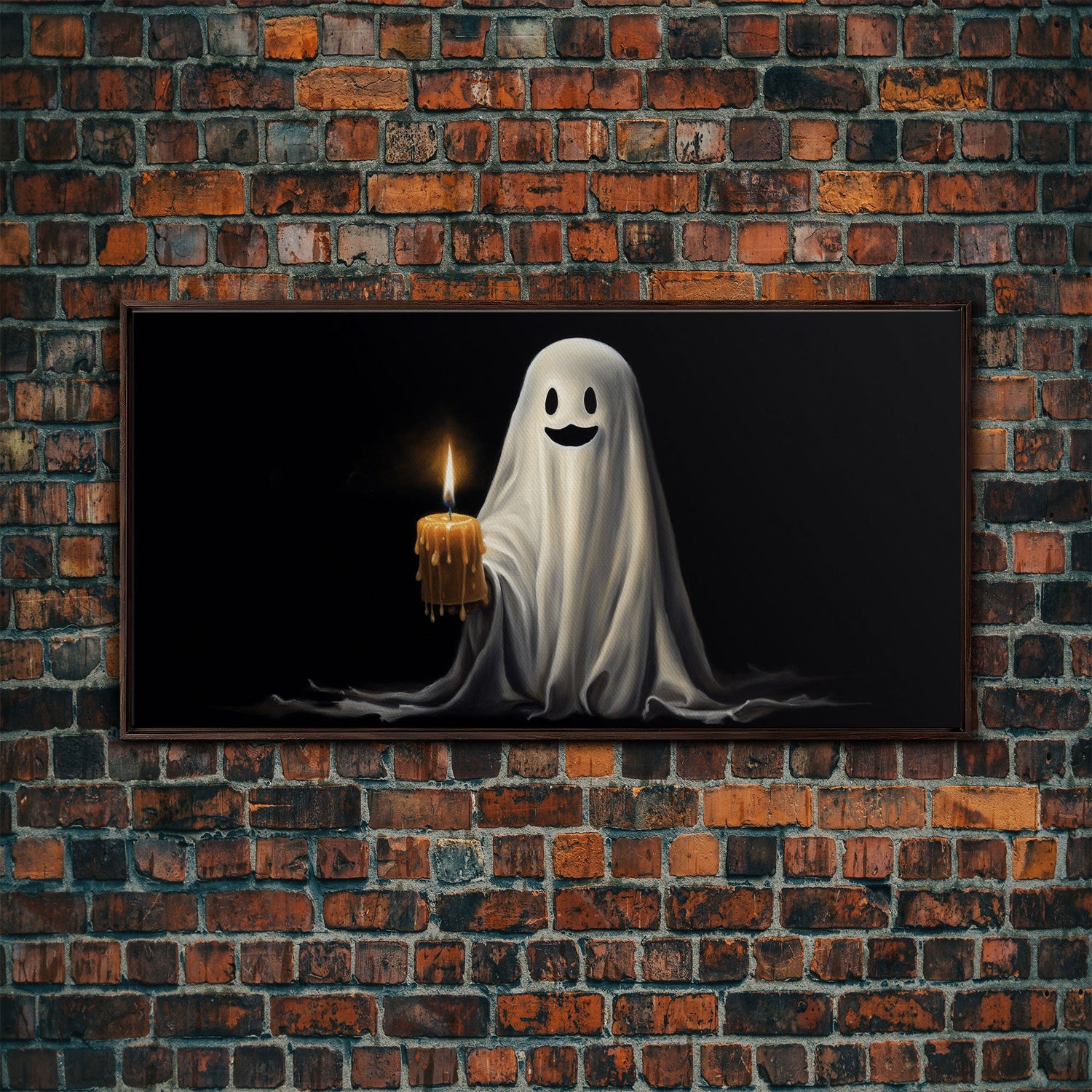 Silly Ghost Holding A Candle, Framed Canvas Print, Dark Academia Wall Art, Victorian Oil Painting Style Halloween Wall Art, Ghost Print