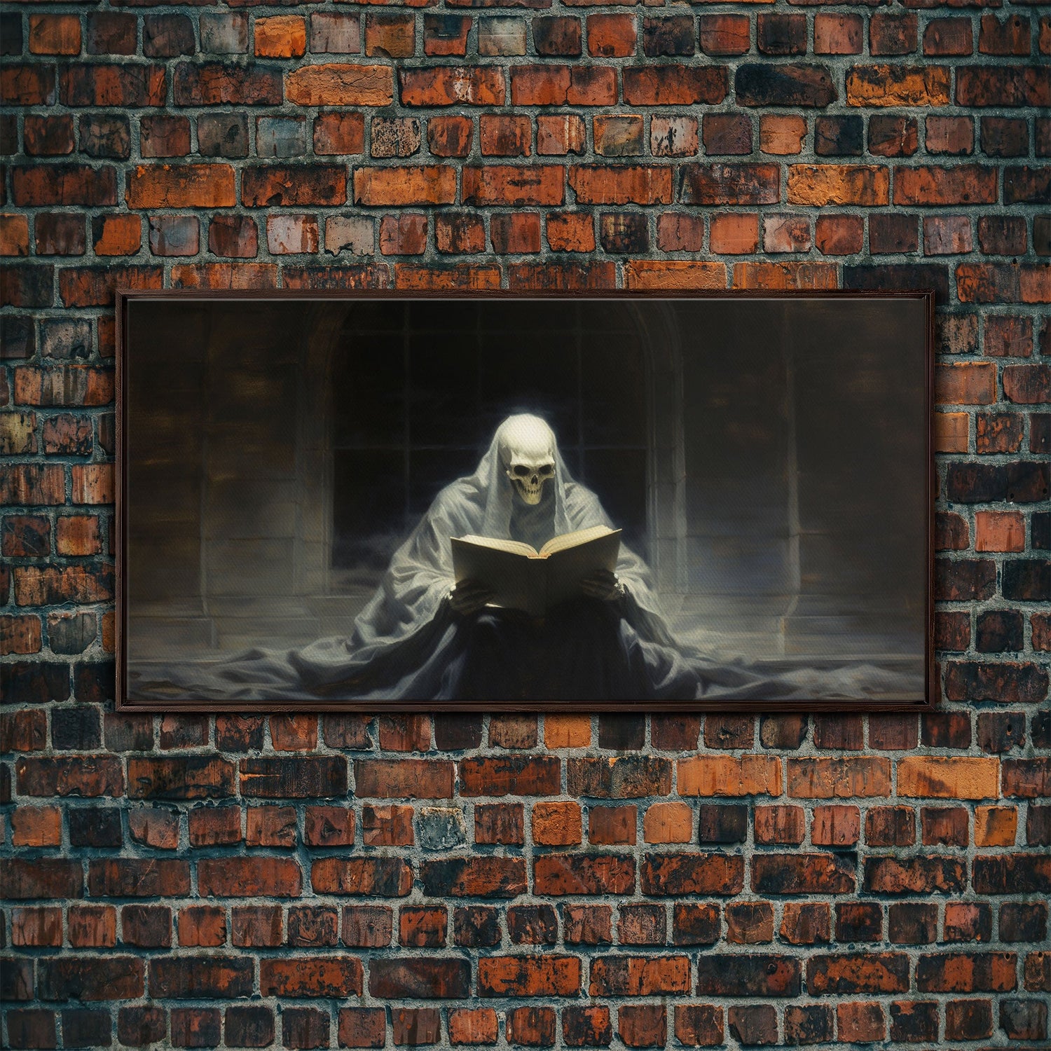 Grim Reaper Reading A Book In A Haunted Library, Framed Canvas Print, Victorian Oil Painting Style, Spooky Halloween Decor, Goth Art