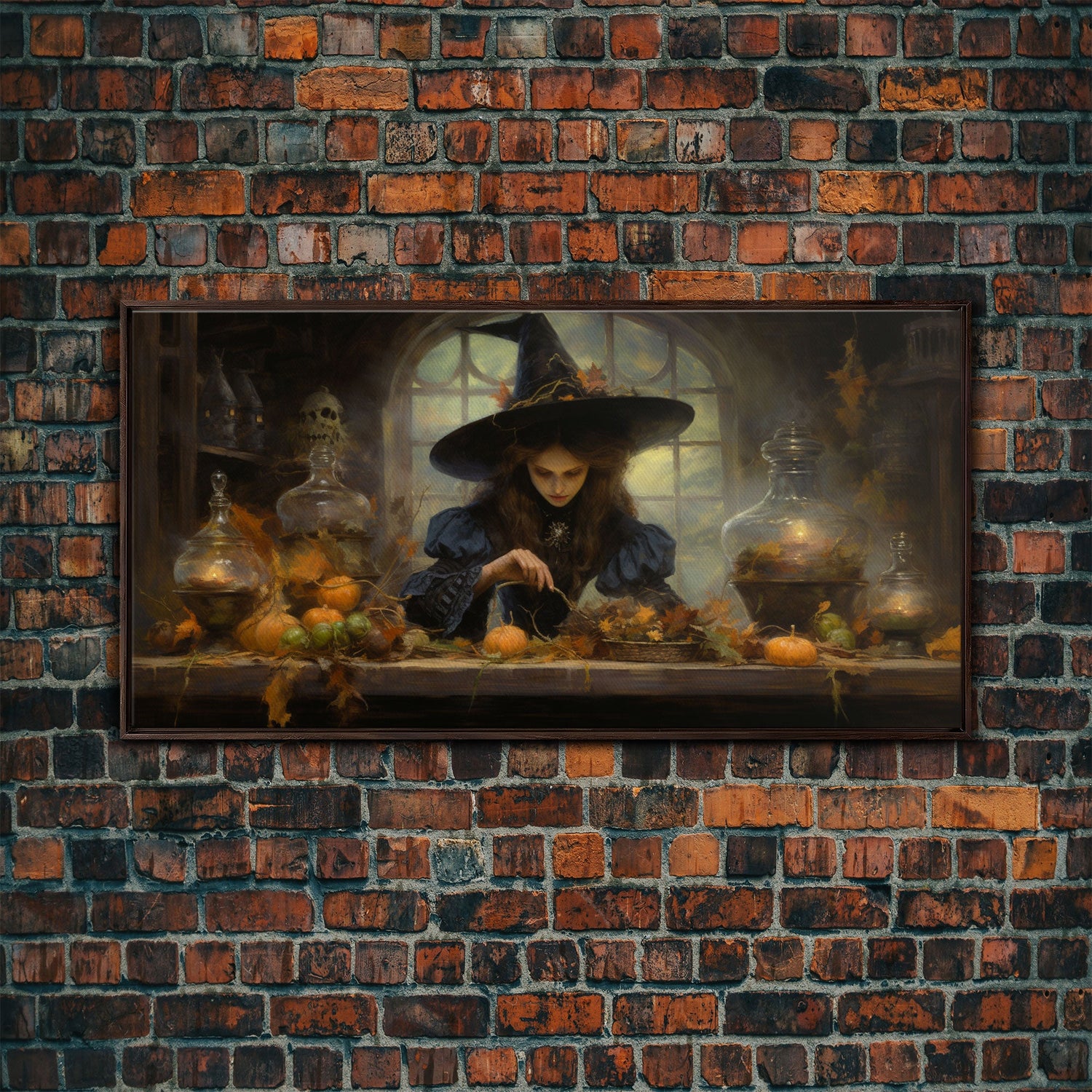 The Witch And Her Potions, Framed Canvas Print, Halloween Decor, Witch Painting, Dark Arts, Occult Decor