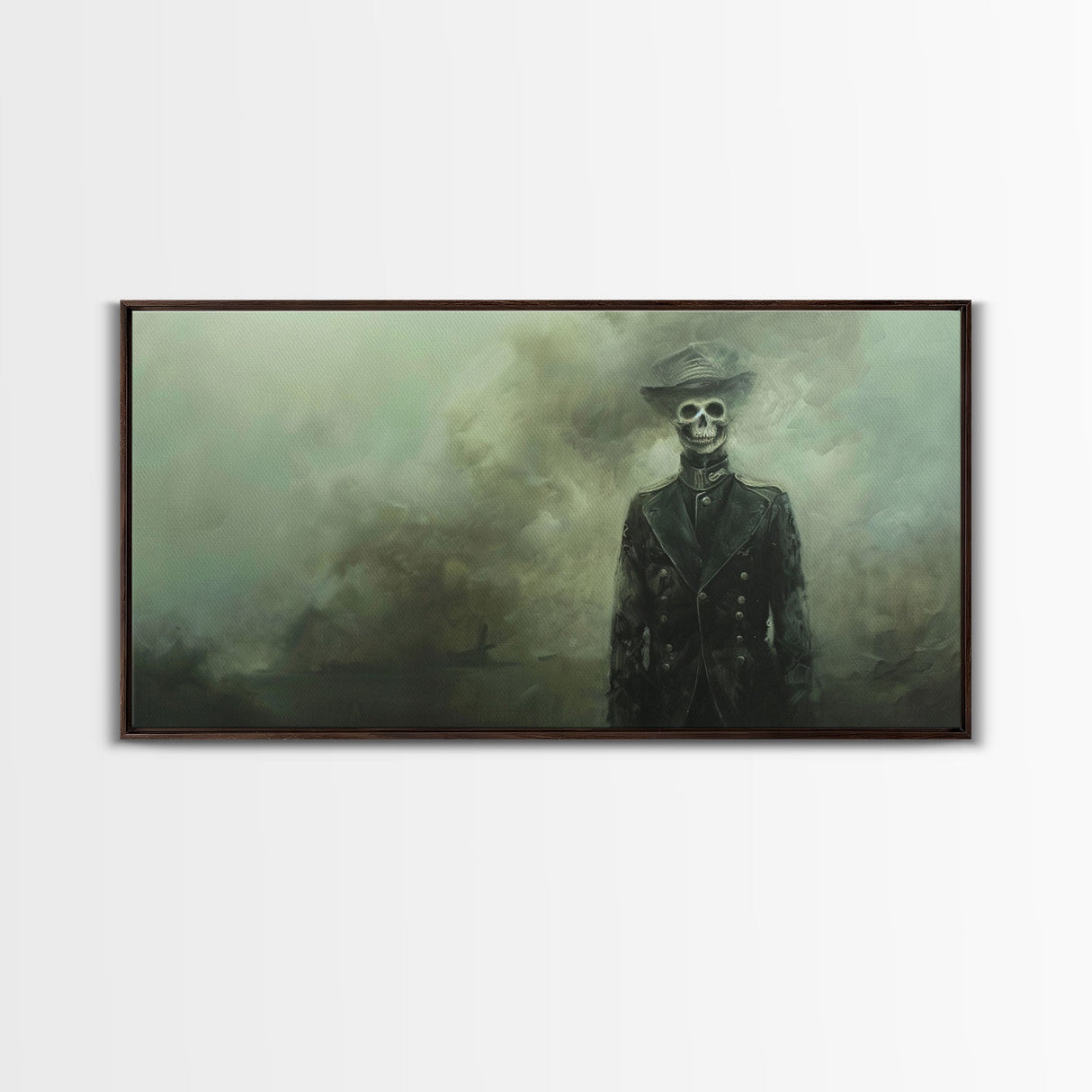 Dapper Skeleton In The Fog, Framed Canvas Print, Halloween Decor, Macabre Dark Academia Wall Art