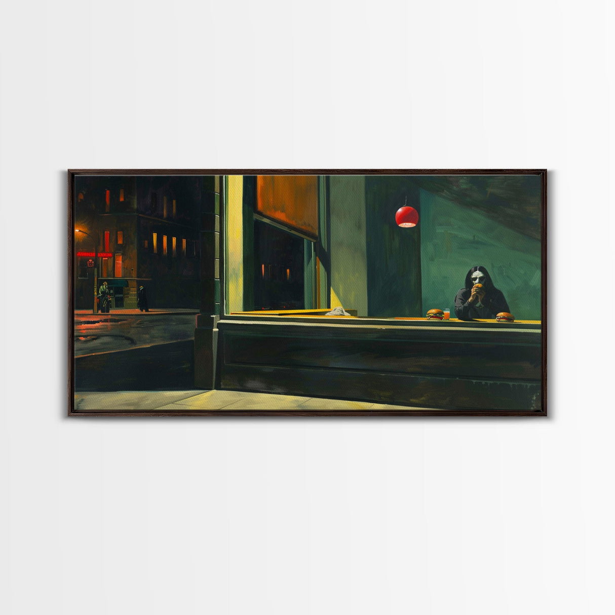 Demon Having a Cheeseburger in a Diner, Funny / Liminal Halloween Art, Framed Canvas Print