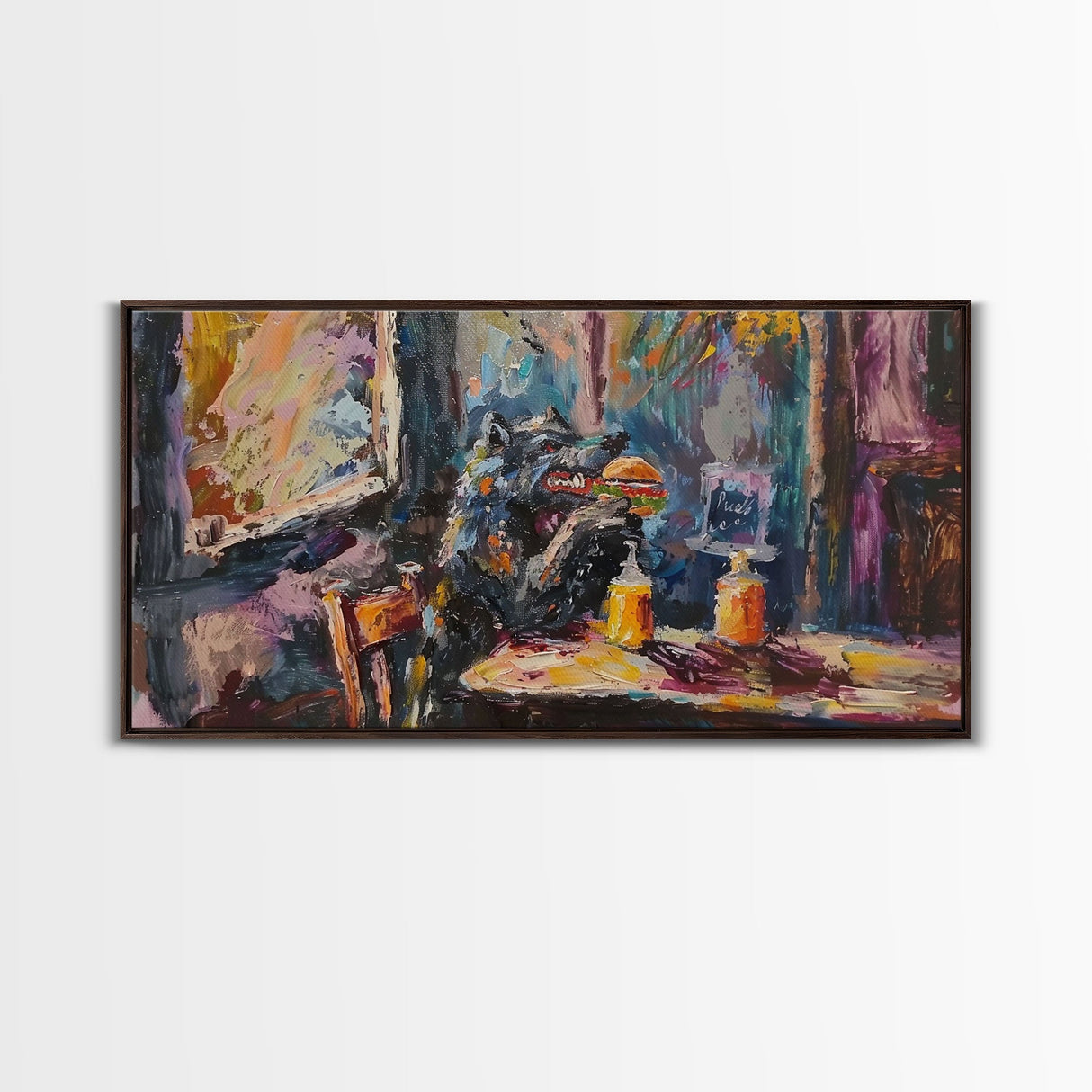 Funny Werewolf Having a Cheeseburger in a diner, framed canvas print, halloween decor