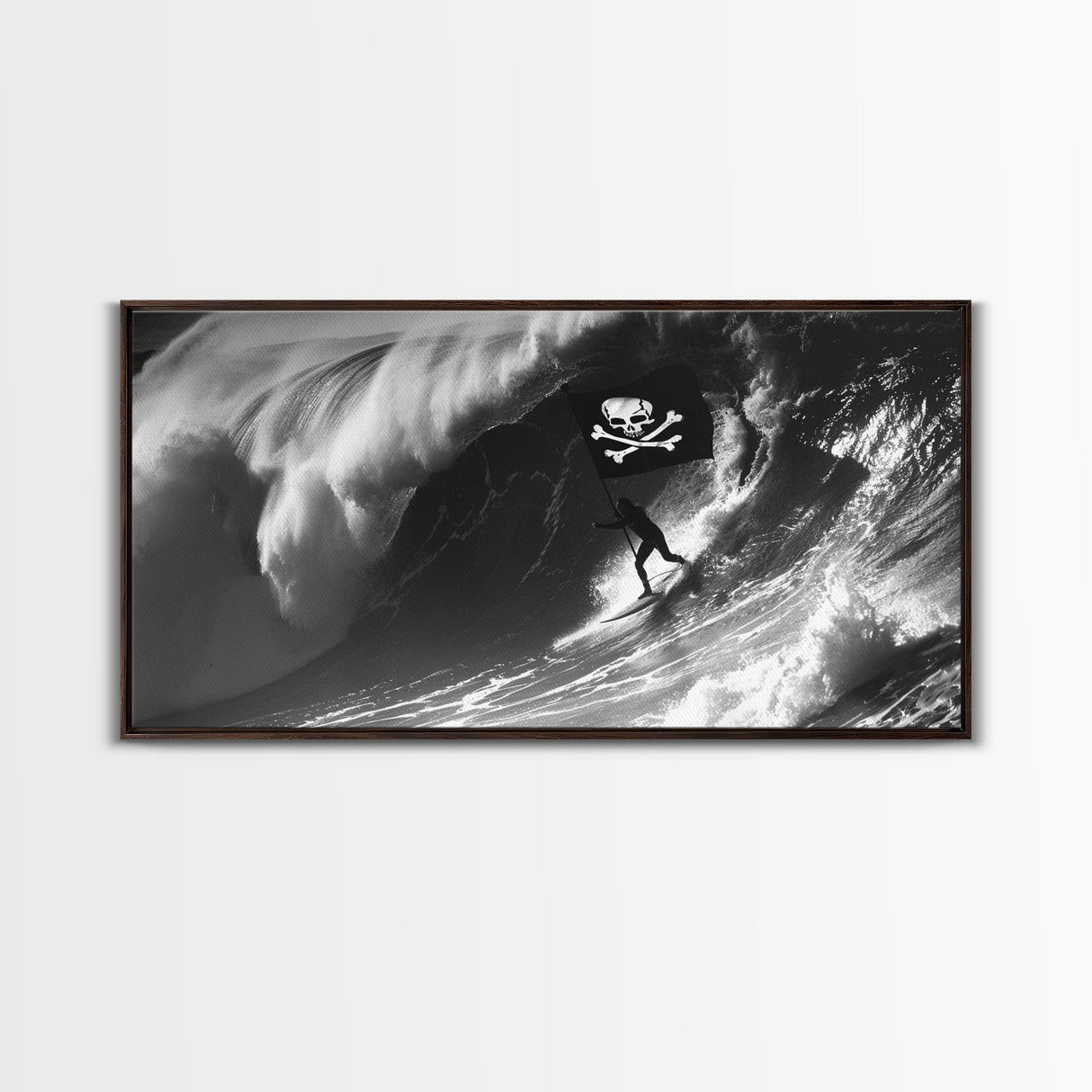 Pirate Surf - Framed Canvas Print - Black & White Photography Style Wall Art - Skull and Cross Bones Wall Art - Manly Decor - Mancave