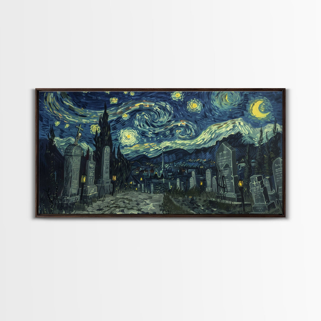 Haunted Graveyard Framed Canvas Print, Starry Night Van Gogh Inspired Halloween Decor, Spooky Vibes Halloween Gift