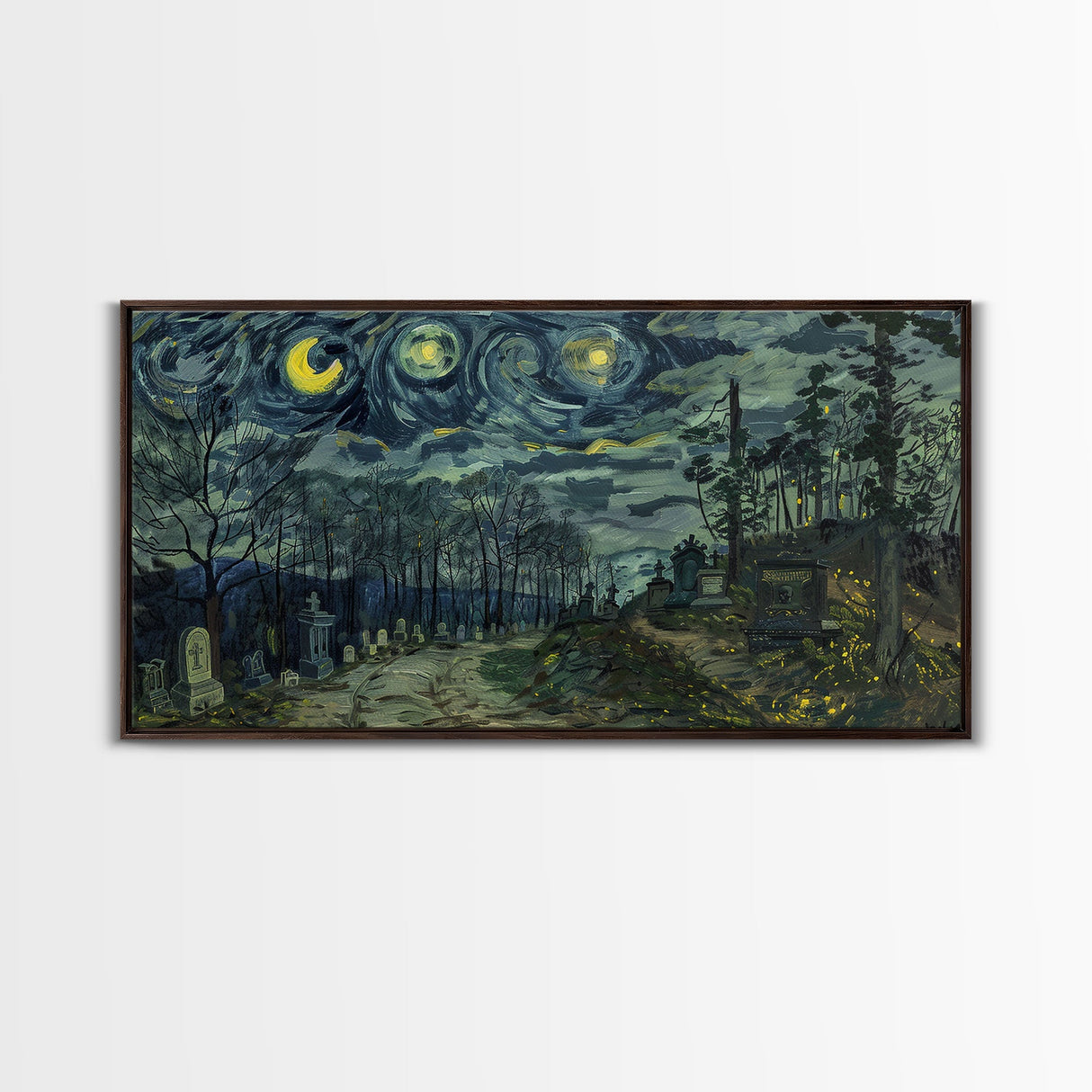 Haunted Graveyard Framed Canvas Print, Starry Night Van Gogh Inspired Halloween Decor, Spooky Vibes Halloween Gift