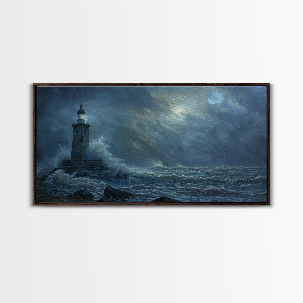 Lighthouse and the Storm, Framed Canvas Print, Unique Halloween Wall Art, Nautical Decor