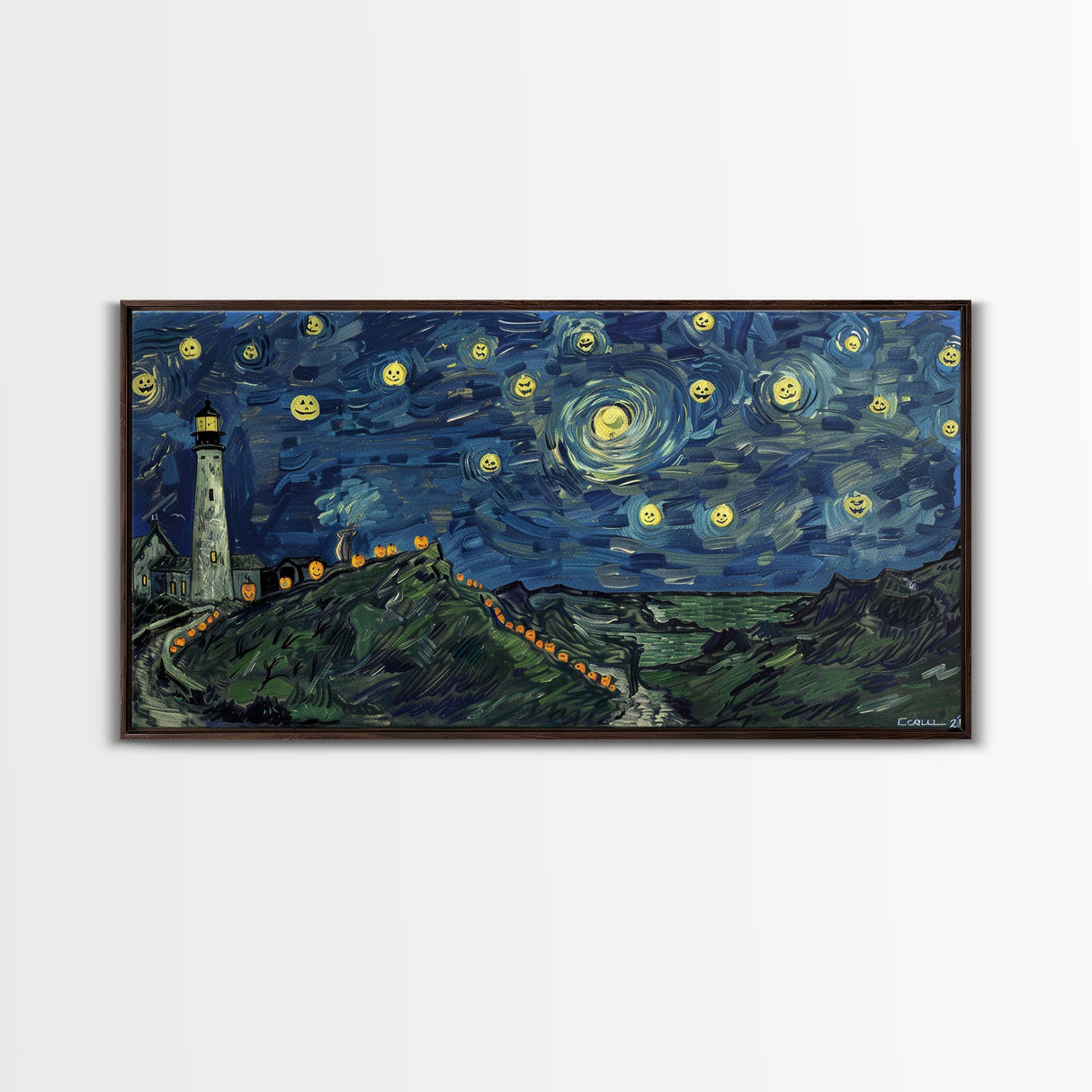 Lighthouse and the Storm, Framed Canvas Print, Unique Halloween Wall Art, Nautical Decor, Starry Night Inspired Wall Art