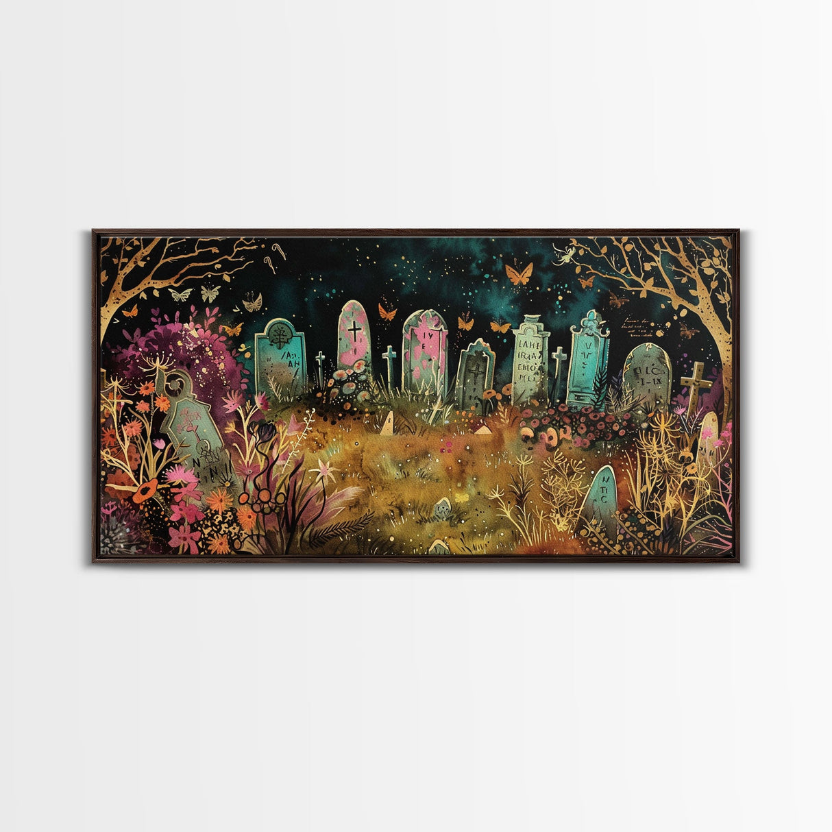 Colorful Haunted Grave Yard In The Spring Time, Framed Canvas Print, Spooky Wall Art, Halloween Spooky Season Decor