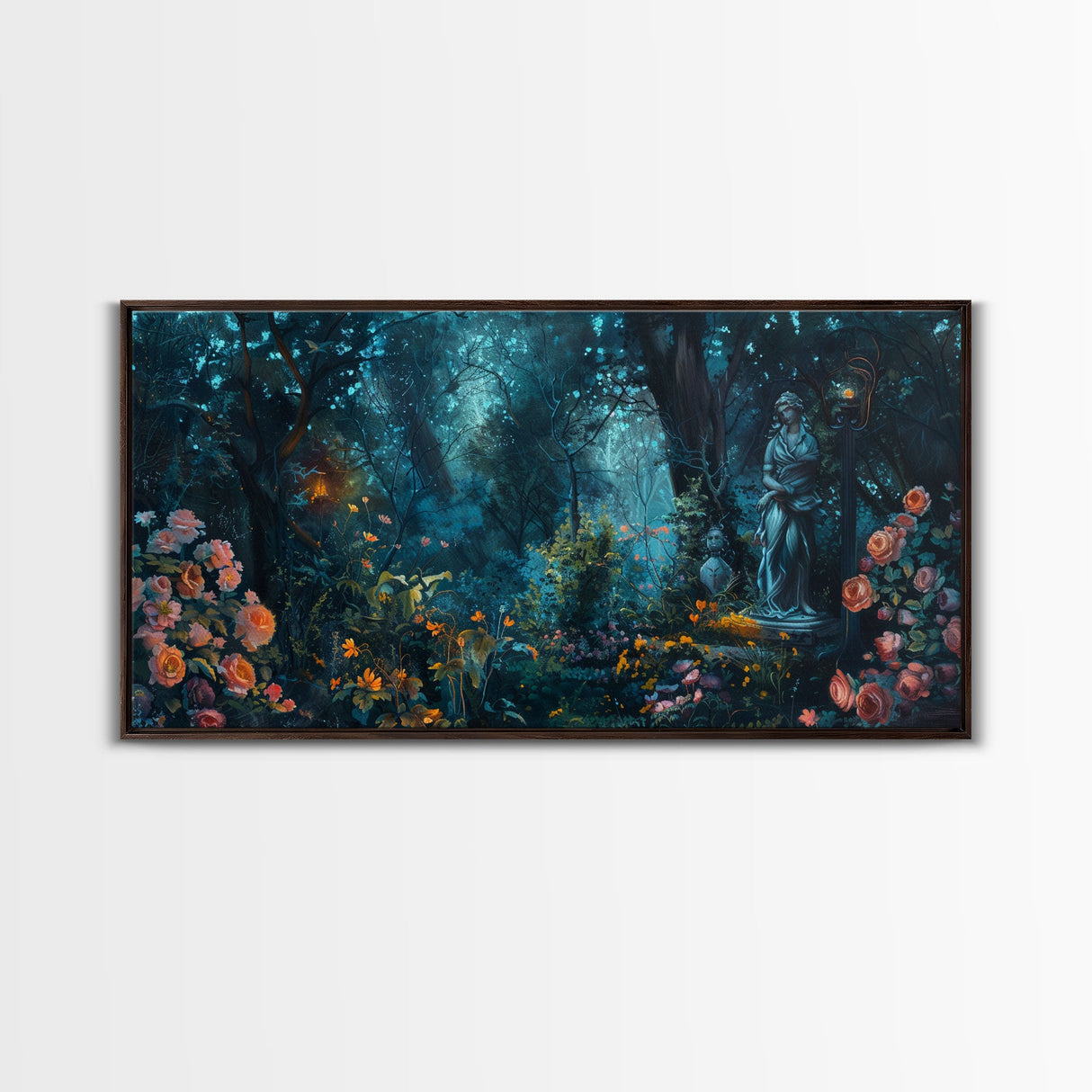 The Statue In The Garden Framed Canvas Print, Dark Academia, Halloween Decor, Possessed Statue