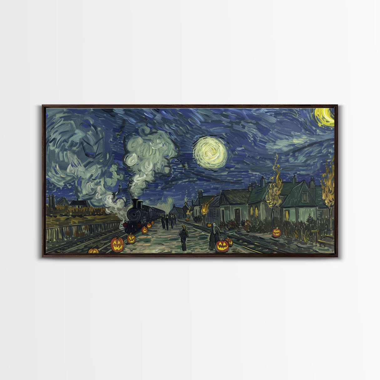 Starry Night Inspired Haunted Steam Train, Framed Canvas Print, Spooky Halloween Wall Art