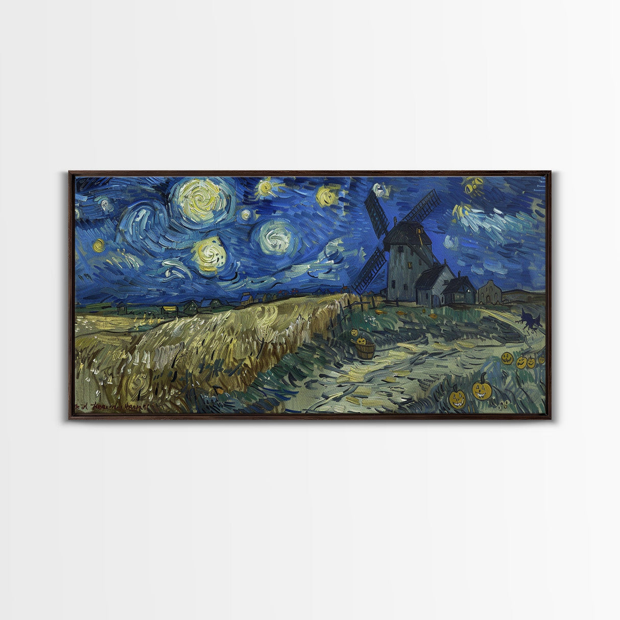 Starry Night Inspired Haunted Wind Mill, Framed Canvas Print, Spooky Halloween Wall Art